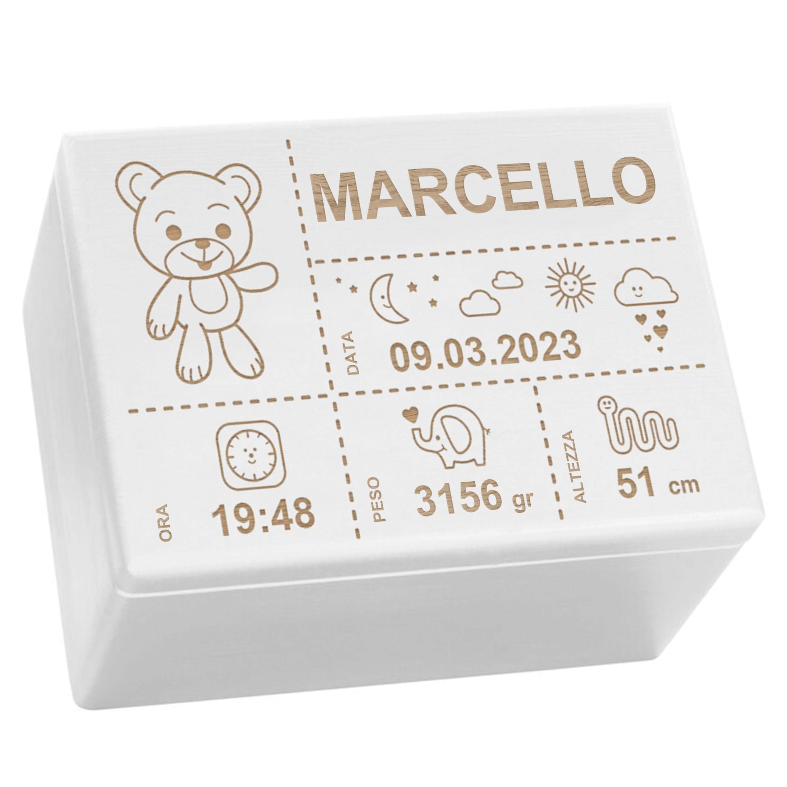 LAUBLUST Scatola dei ricordi del bambino - Orsacchiotto - Regalo personalizzato per il bambino | Taglia XL, ca. 40 x 30 x 24 cm, Bianco - Scatola decorativa in legno con coperchio, FSC®