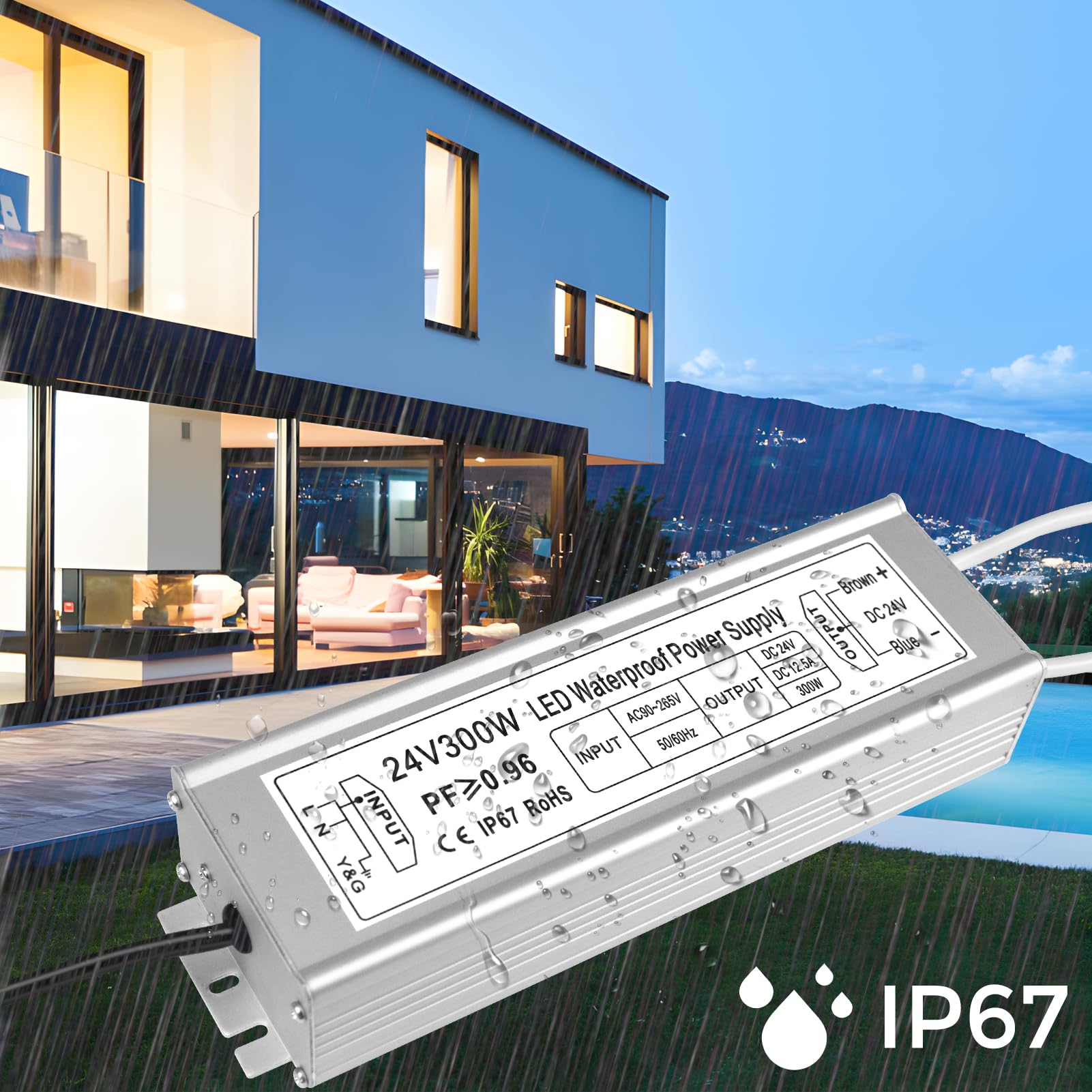 inShareplus Trasformatore LED 24 V 12,5 A 300 W IP67 impermeabile driver per esterni, AC 90-265 V a DC 24 Volt a bassa tensione, alimentatore da 24 V per luce LED, progetto computer, uso esterno