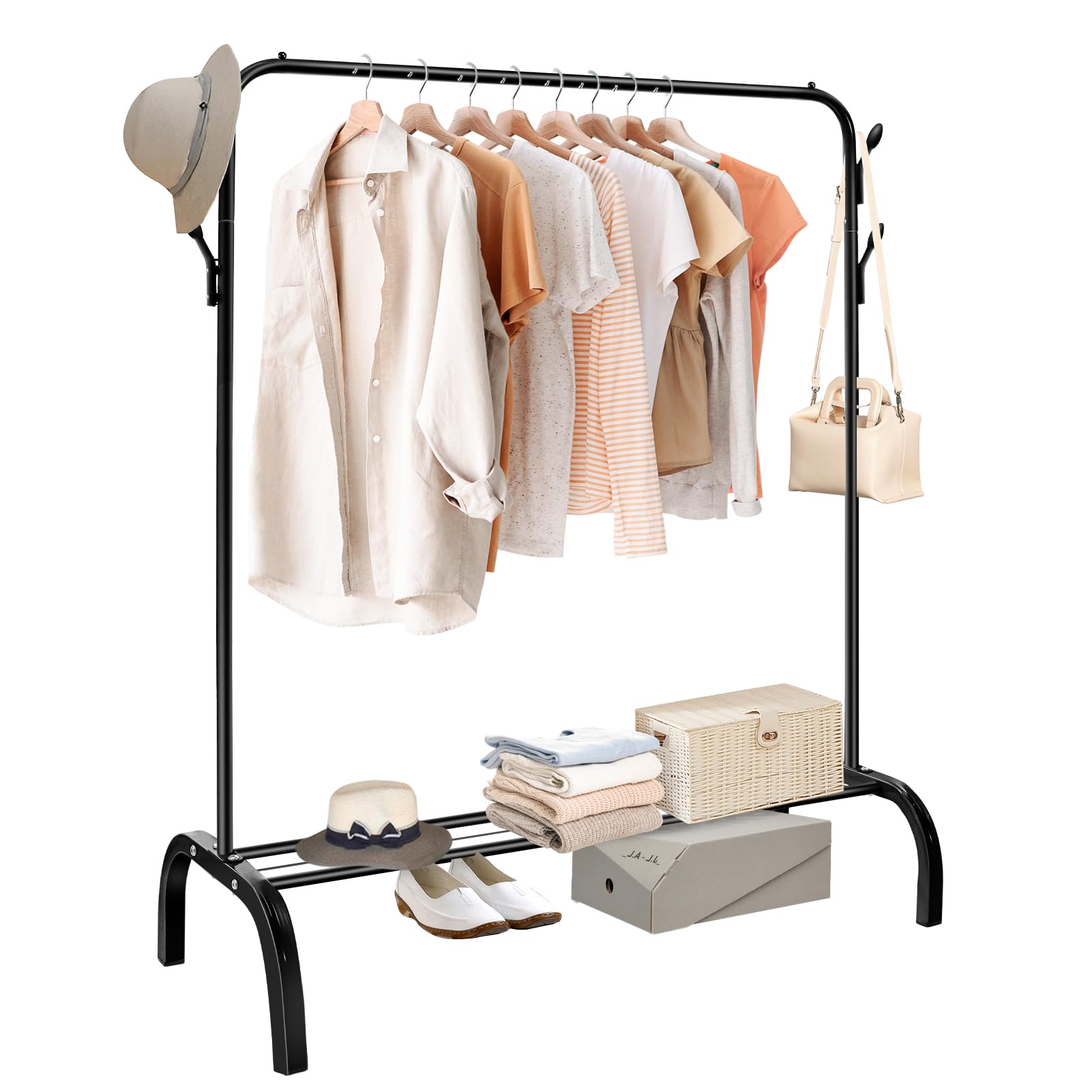 M.J COMFY-LIFE Heavy-Duty Clothes Rail with Hooks & Mesh Shelf – Black Metal Hanging Rack for Coats Stores Boxes & Shoes Space-Saving Hanging Rail for Bedroom (Black)