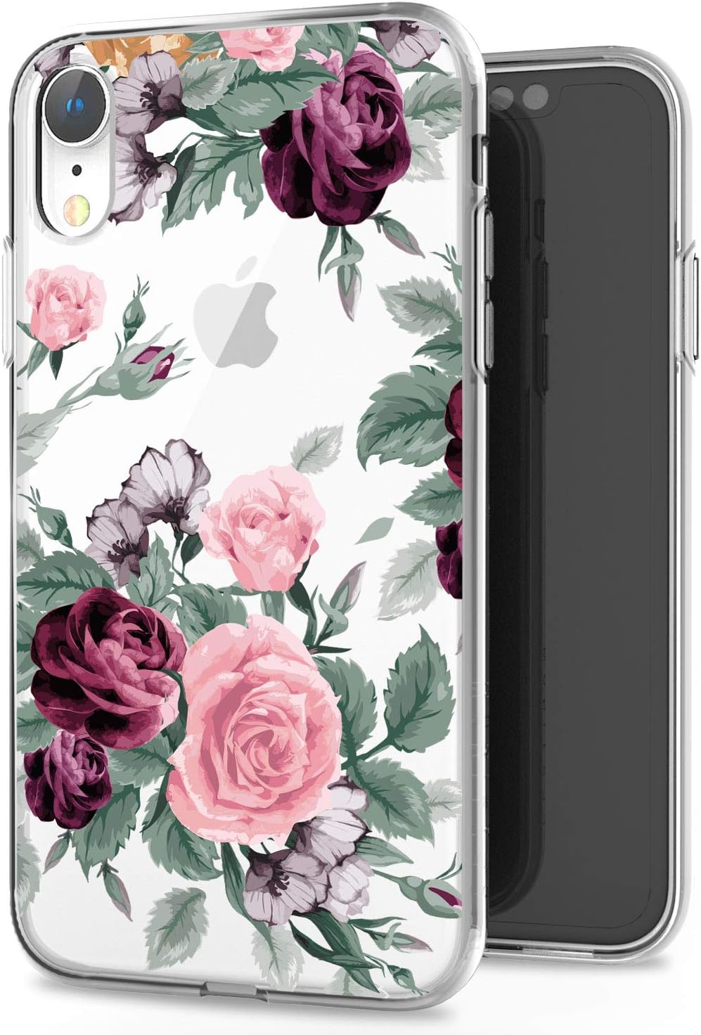 JAHOLAN iPhone XR Case Clear TPU Soft Slim Flexible Silicone Cover Girls Flower Design Cute Phone Case for iPhone XR - Pink Purple Rose
