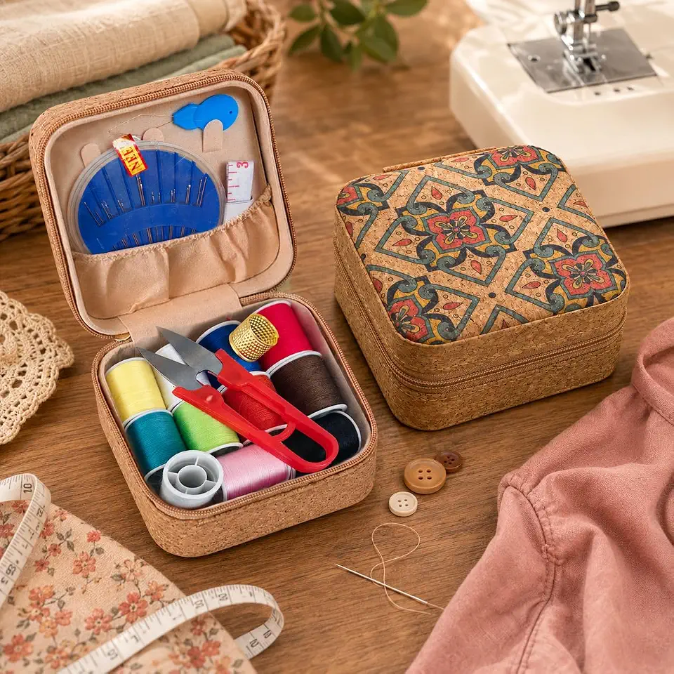 Caixa de costura, kit de costura portátil para viagem, kit de costura vintage com estampa de madeira macia, mini caixa de armazenamento de kits de costura, com 11 fios coloridos, tesouras, agulhas