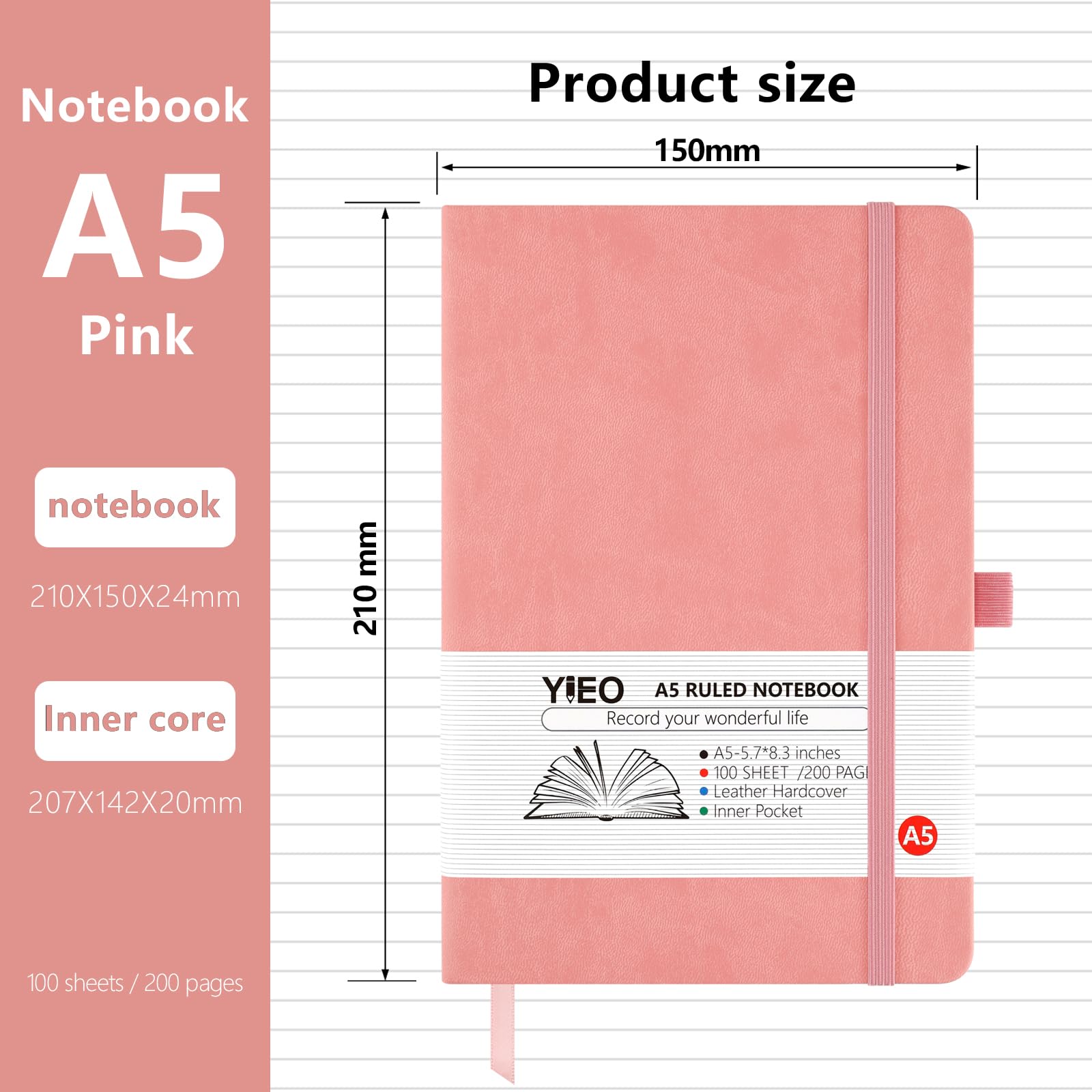 YIEO Notebook A5, 2 Pack Hardback Journal Notebook with 398 Lined Pages 80 GSM Leather Notepad with Bookmark - Image 2