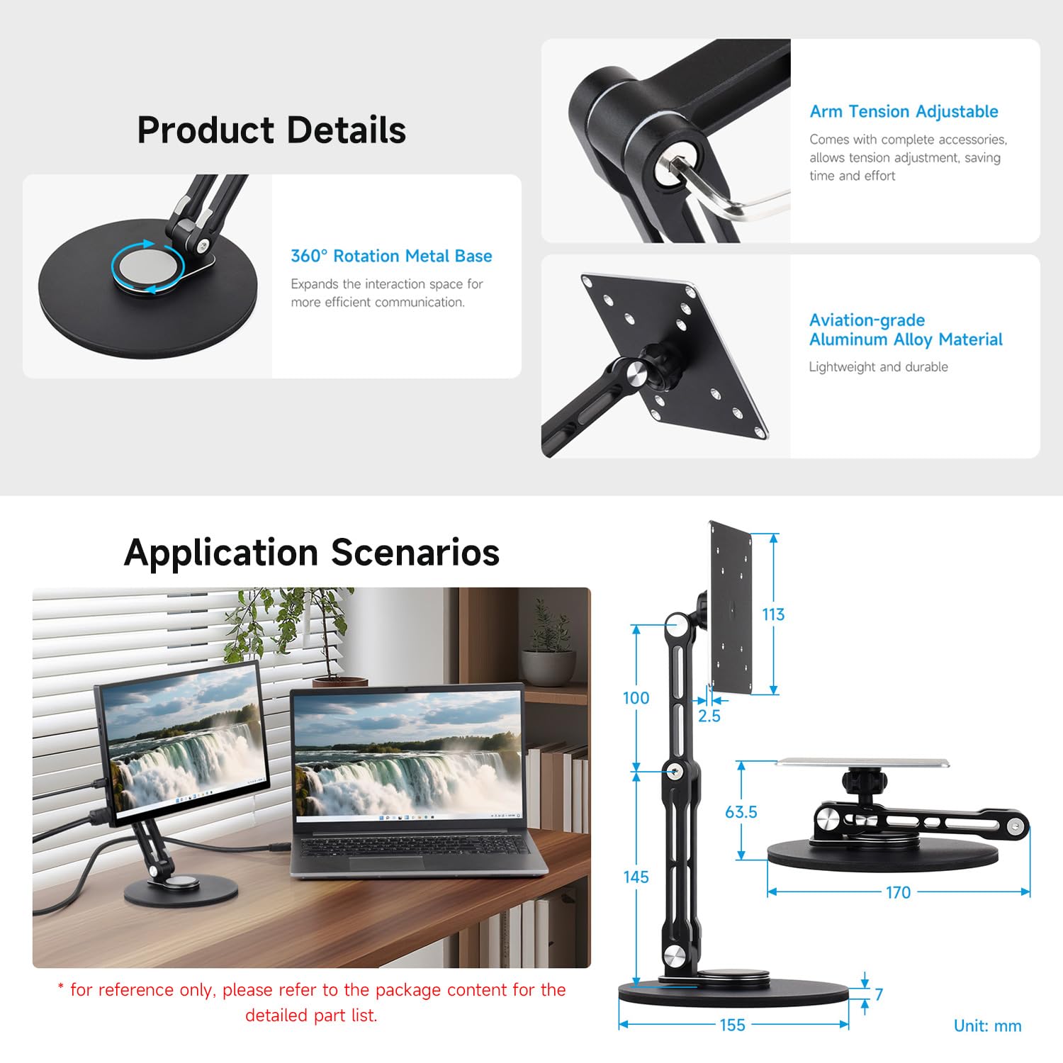 Waveshare VESA Portable Monitor Adjustable Stand, Compatible with Monitors Up to 19 Inches, Multi-Axis Rotation, Ergonomic Design with Weighted Base, Foldable for Easy Storage