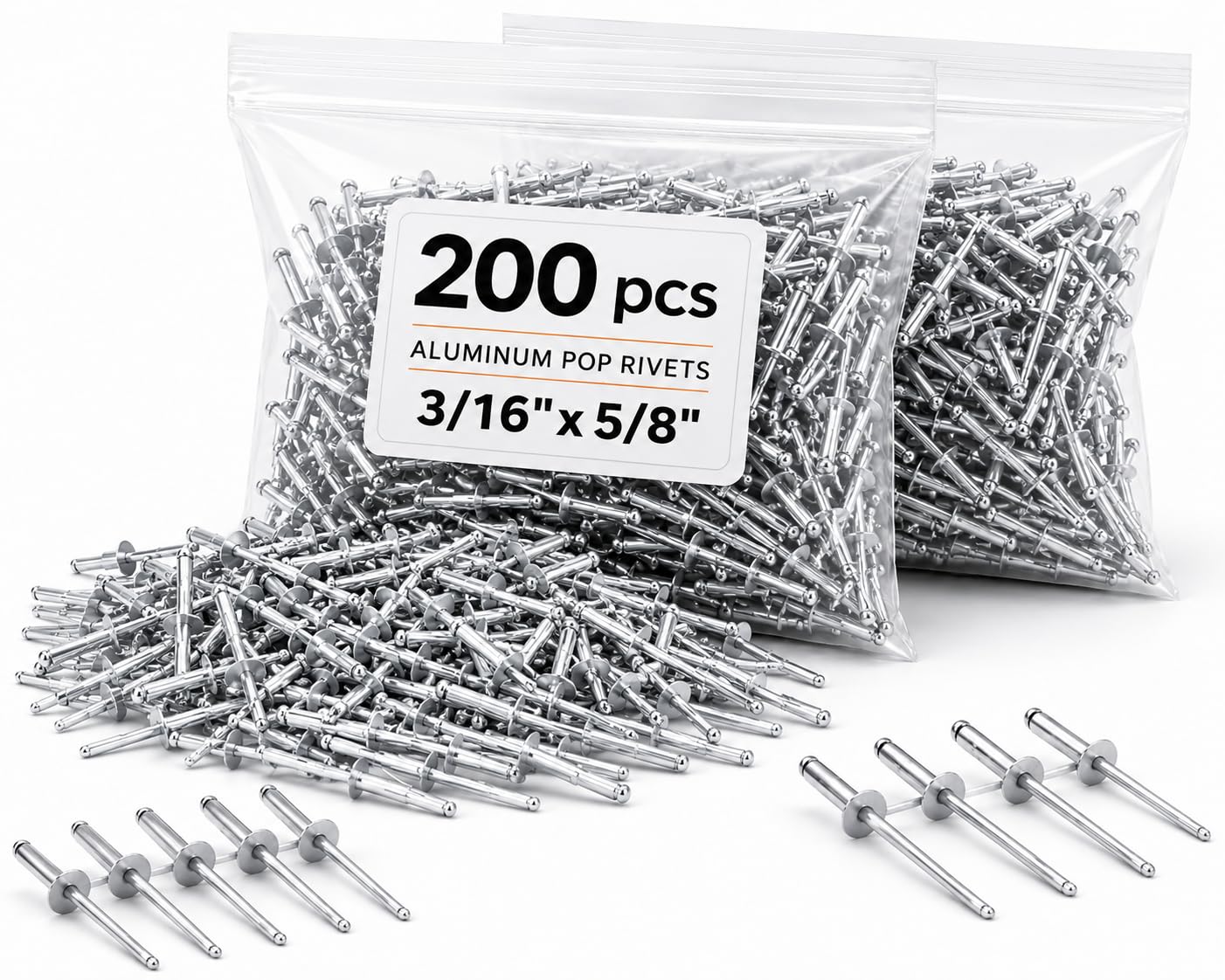 200PCS Large Flange Aluminum Pop Rivets 3/16" x 5/8" Big Head Steel Mandrel Dome Body Blind Clenches Set for Sheet Steel Duct Work Aluminum Boat Clenches Long Pop Rivets
