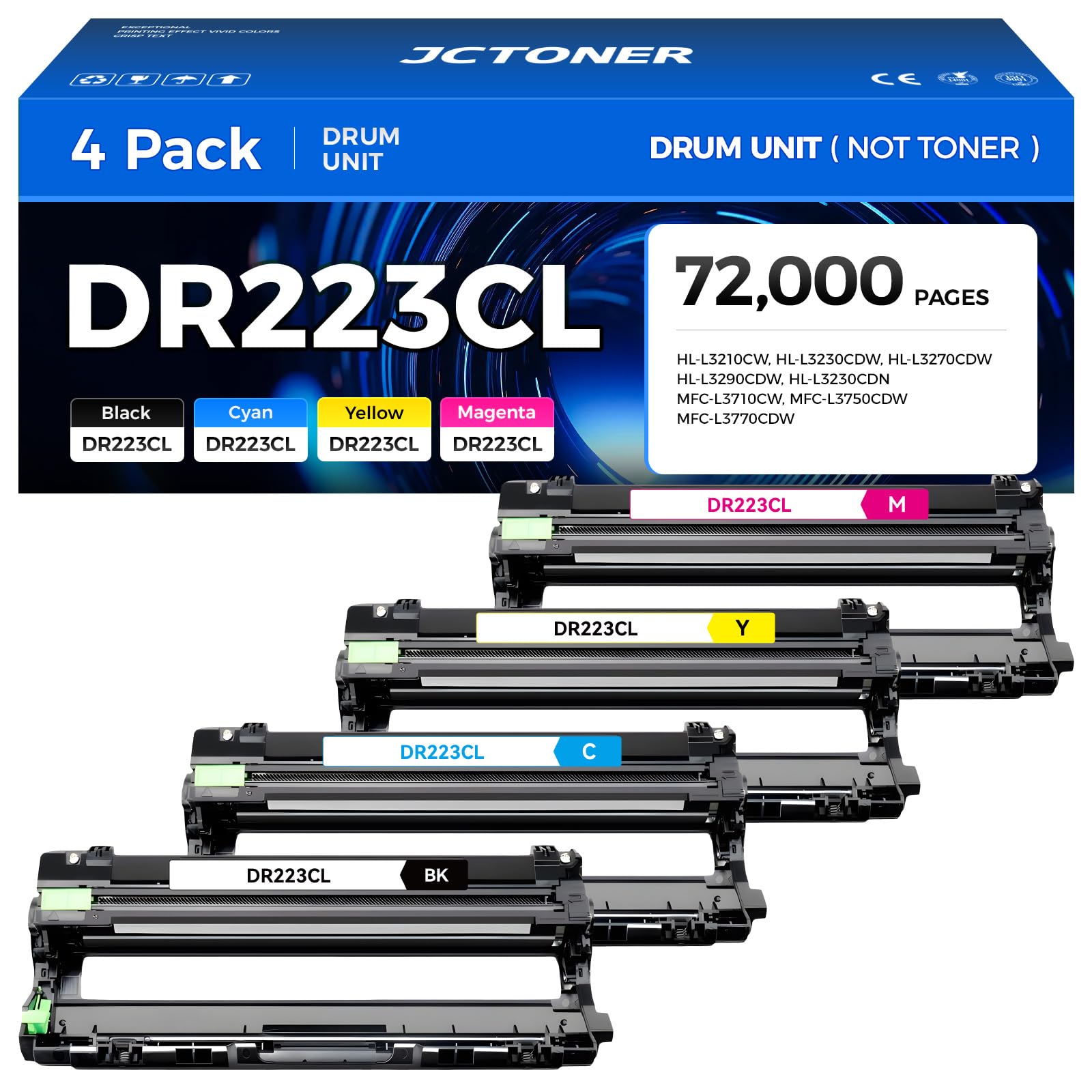 DR223CL DR-223CL High Yield Drum Unit Set 4-Pack Replacement Compatible for Brother DR-223CL Imaging Drum HL-L3270CDW HL-L3210CW MFC-L3770CDW HL-L3290CDW MFC-L3750CDW L3710CW L3230CDW L3230CDN Printer
