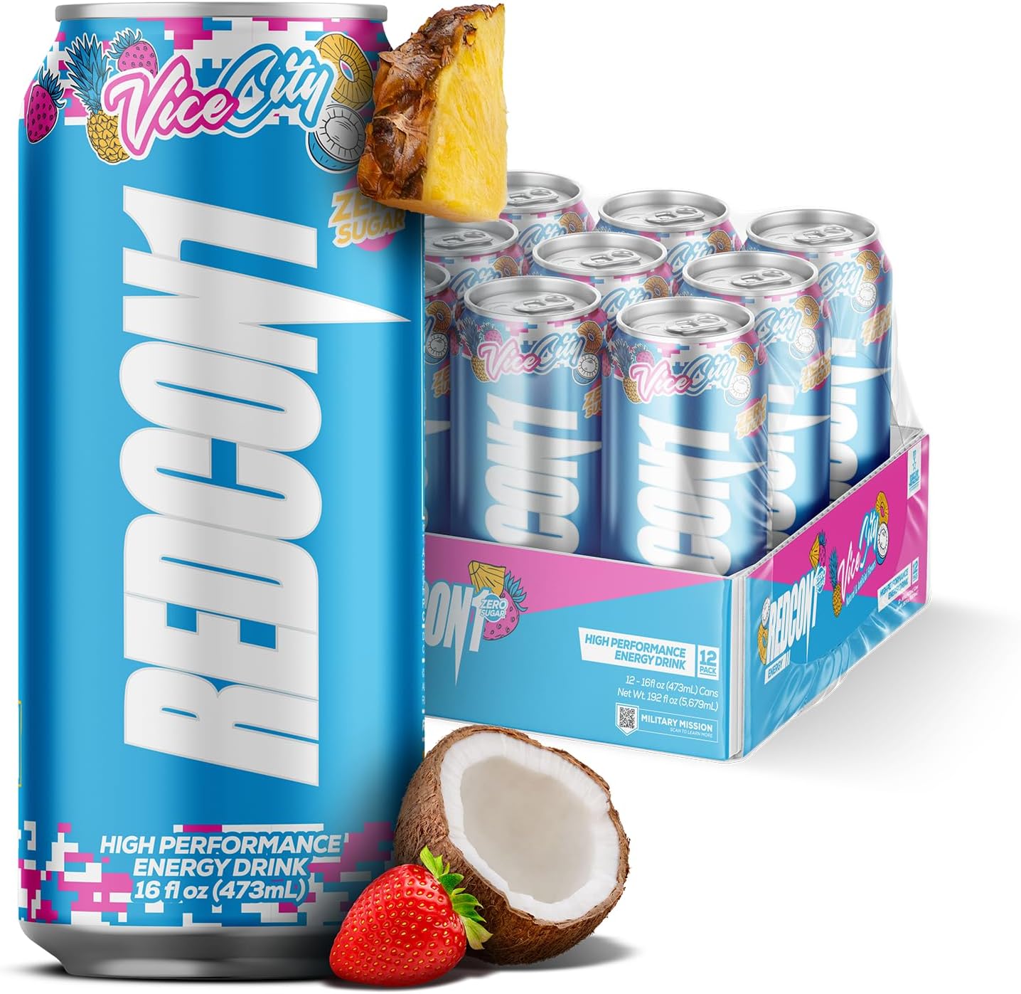 REDCON1 Energy High Performance Drink, Vice City - Zero Sugar Energy Drink with Alpha GPC Nootropic - 200mg of Natural Caffeine from Green Coffee Beans - Vitamin B6, B12 & B5 to Boost Mood (12 ct)