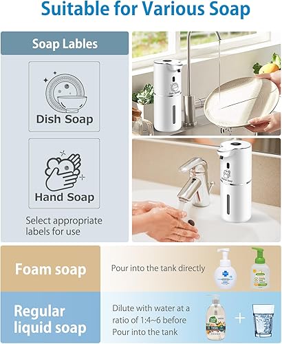 Miniatura 6 de Dispensador automático de jabón espumoso de 12.8 onzas, recargable y 6 niveles de espuma ajustable con pantalla digital, montaje en pared,