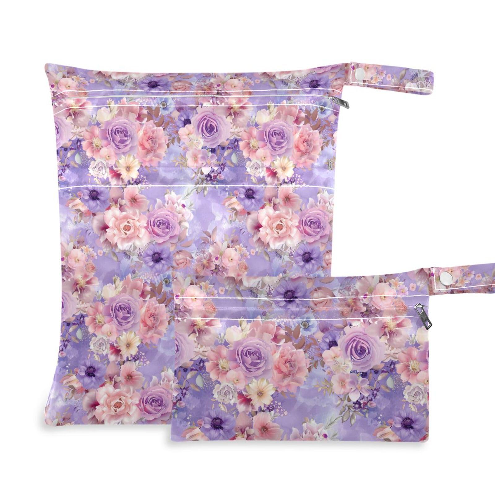 Coikll Wet Dry Bags for Cloth Diaper 2 Pack Waterproof Yoga Gym Bag for Swimsuit Wet Clothes Baby Items-?Purple Flower?