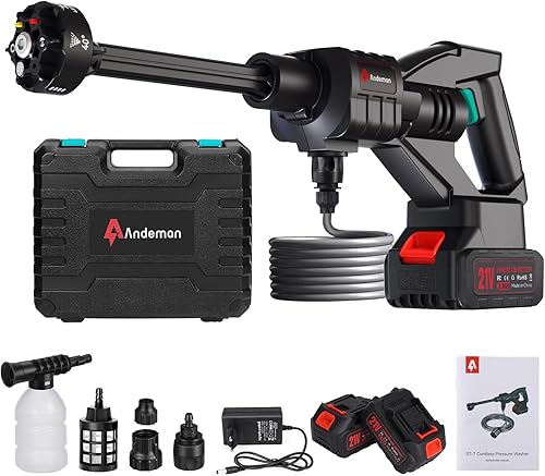 Lavadora a presión inalámbrica de 800 PSI, lavadora a presión inalámbrica portátil de 1.5 GPM con 2 baterías de 3.0 Ah y boquilla 6 en 1 para