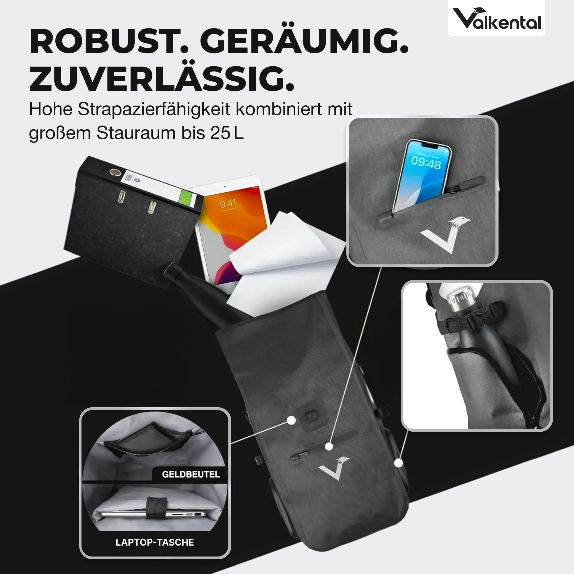 Valkental® - 3in1 Fahrradtasche Pro - Das Original - Hochwertiges Nylon - 23L Volumen - Geeignet als Gepäckträgertasche, Rucksack & Umhängetasche - 100% Wasserdicht - Fahrradtasche für Gepäckträger