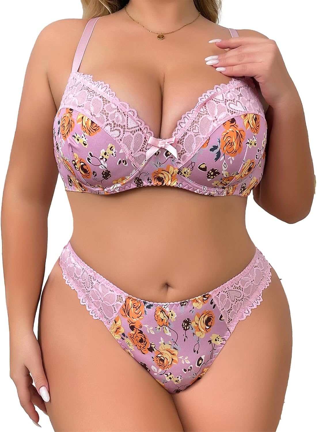 Womens Plus Size 2 Piece Lingerie Set Underwired Push Up Bra and Panty | Floral Lace Nightwear Babydoll Sleepwear Sexy Exotic Underwear Matching Outfits V neck Adjustable Soft and comfortable