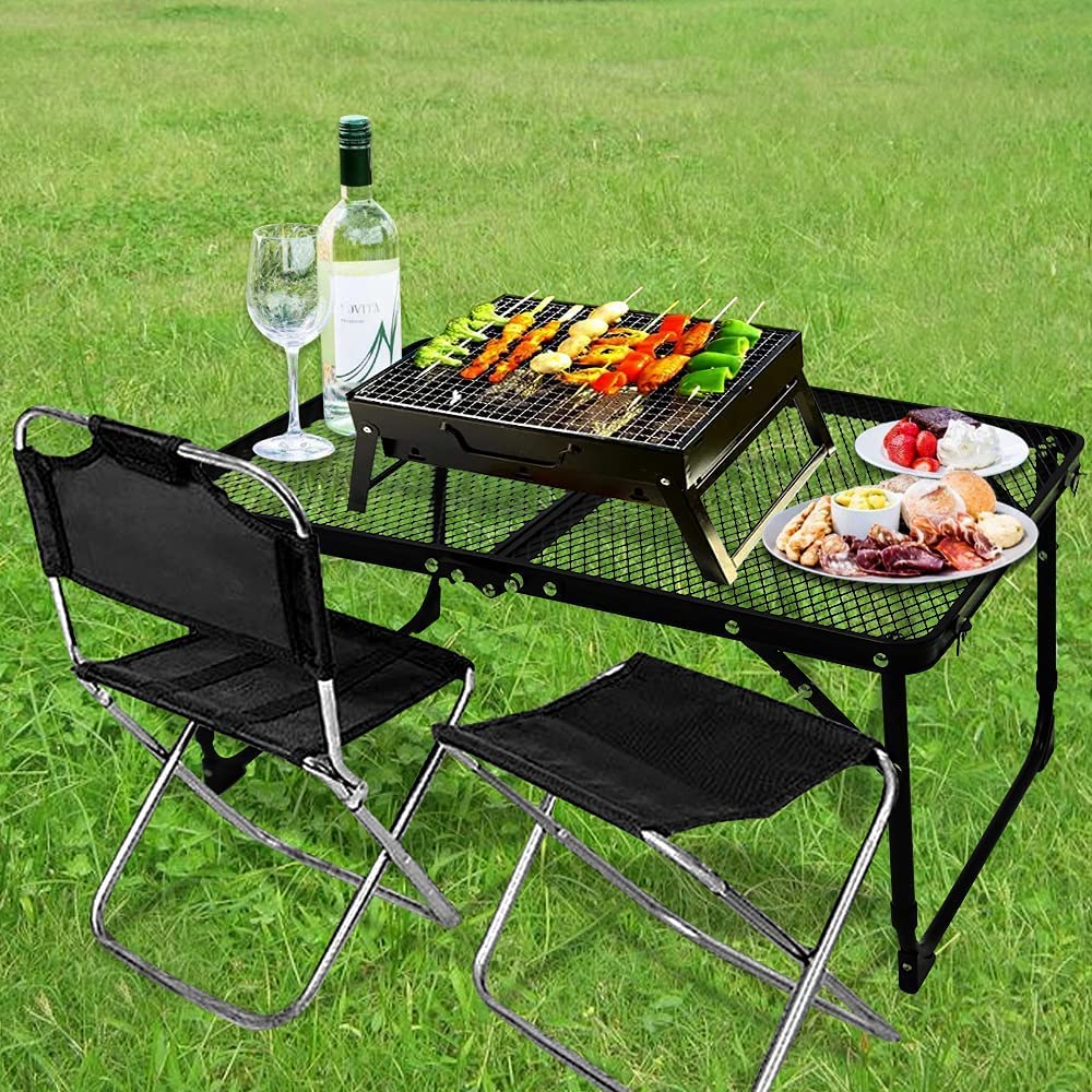 Tavolo pieghevole da campeggio, portatile, piccolo tavolo pieghevole con piano in rete resistente al calore, regolabile in altezza, barbecue, giardino