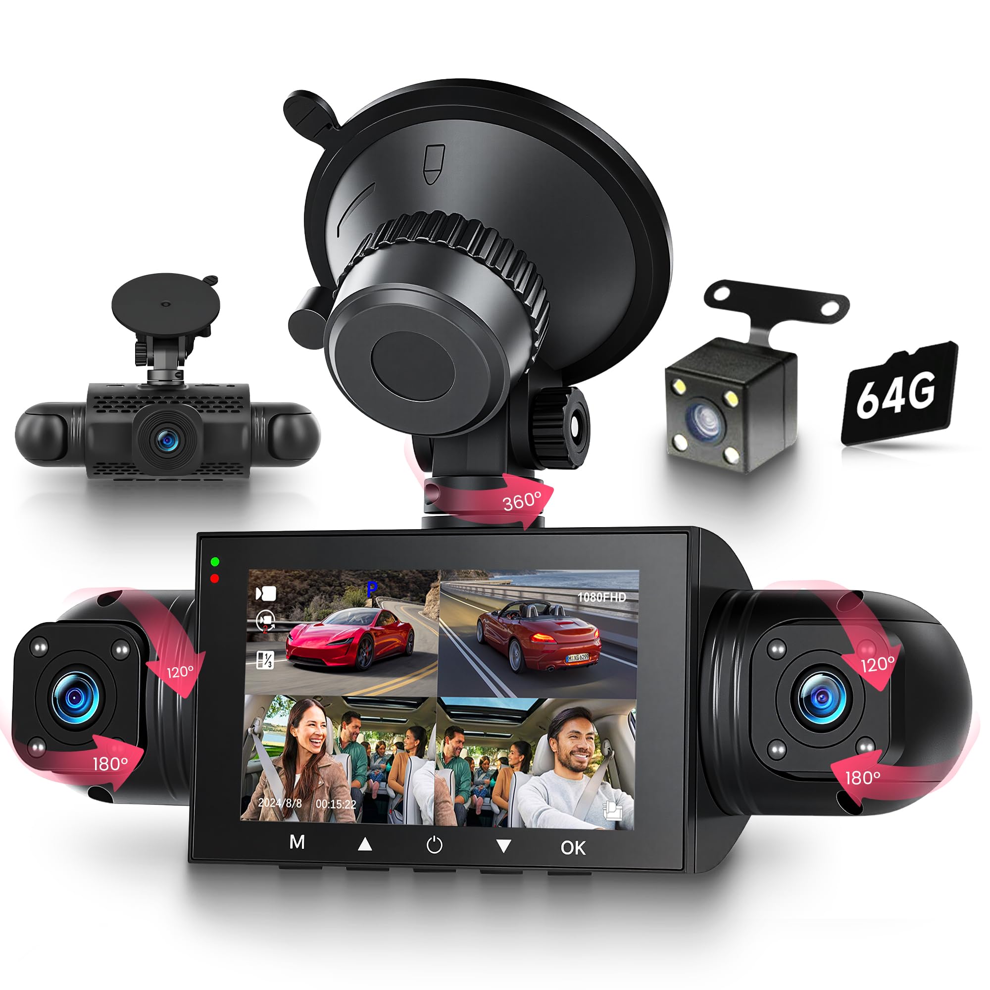 4 Canales 360° Dashcam para Coche, 4 1080P Delantera y Trasera Izquierda Derecha, Dash CAM de 3 Pulgadas 1080P con Visión Nocturna IR/Vídeo en Bucle/24H Monitor/G-Sensor de Aparcamiento 64 GB Tarjeta