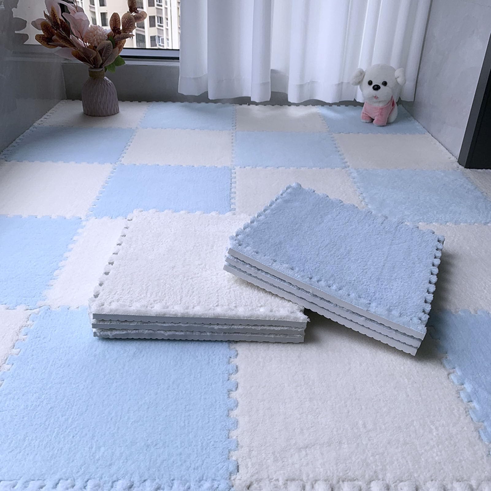 Tappeto da Pavimento in Schiuma Morbida Splice Interlocking Carpet, Tappeto da Puzzle ad Incastro, 24 Pezzi di Tappetino da Arrampicata colorato, Tappeto da Arrampicata i,Blue+White