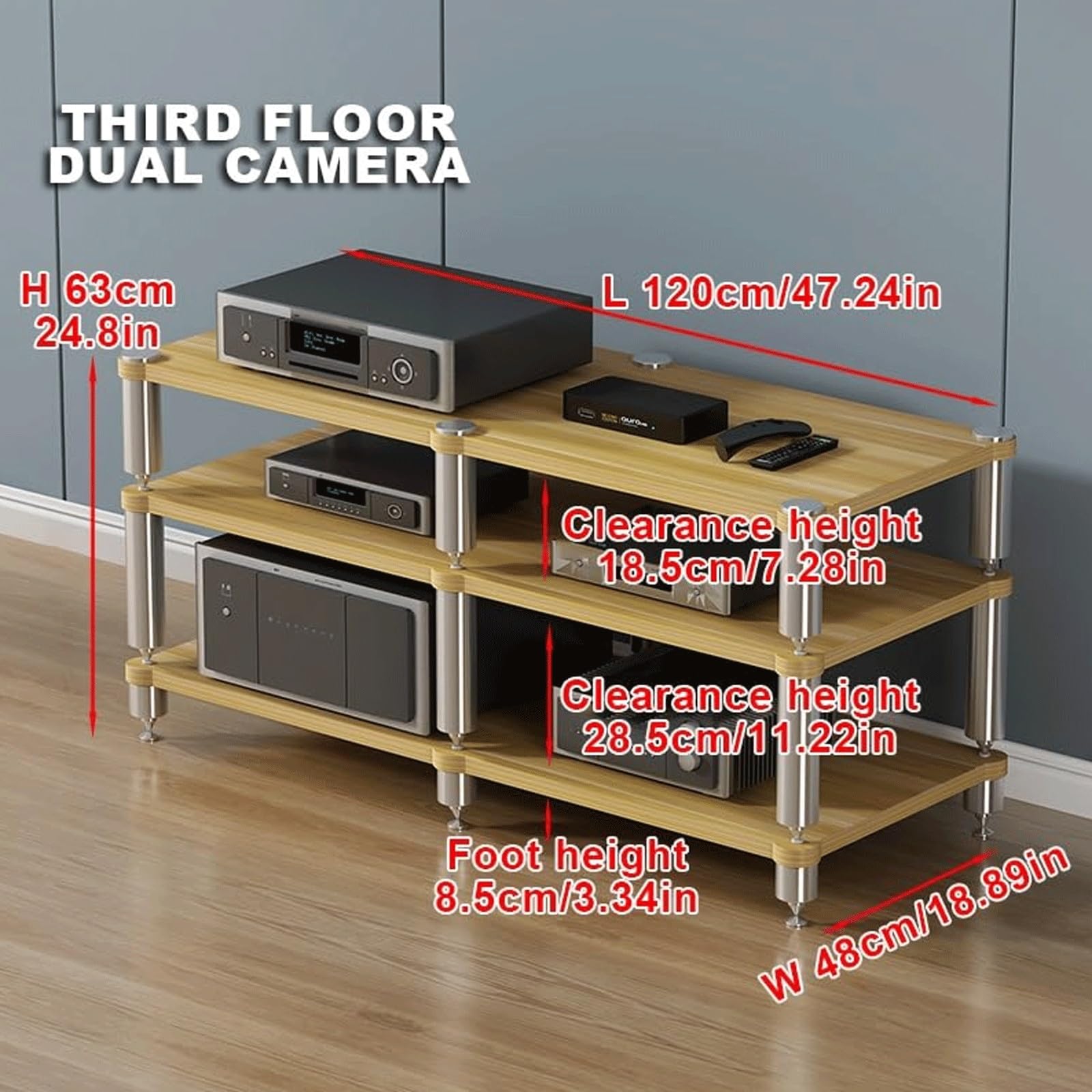 Stojak Av Media Stand Drewniane Półki warstwowe Nowoczesna Komponent Stereo Szafka Konsola do gier Półka na projektor Odtwarzacz DVD TV Box Salon, Naturalny-3-poziomowy