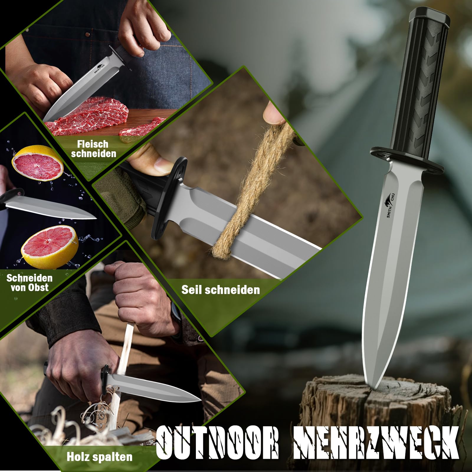 SMITH CHU Outdoor Messer Feststehend, Survival Messer für Trekking Camping, Kydex Scheide mit Schleifstein, Ergonomischer Griff, Schwarz Bushcraft Ausrüstung, Geschenke für Männer