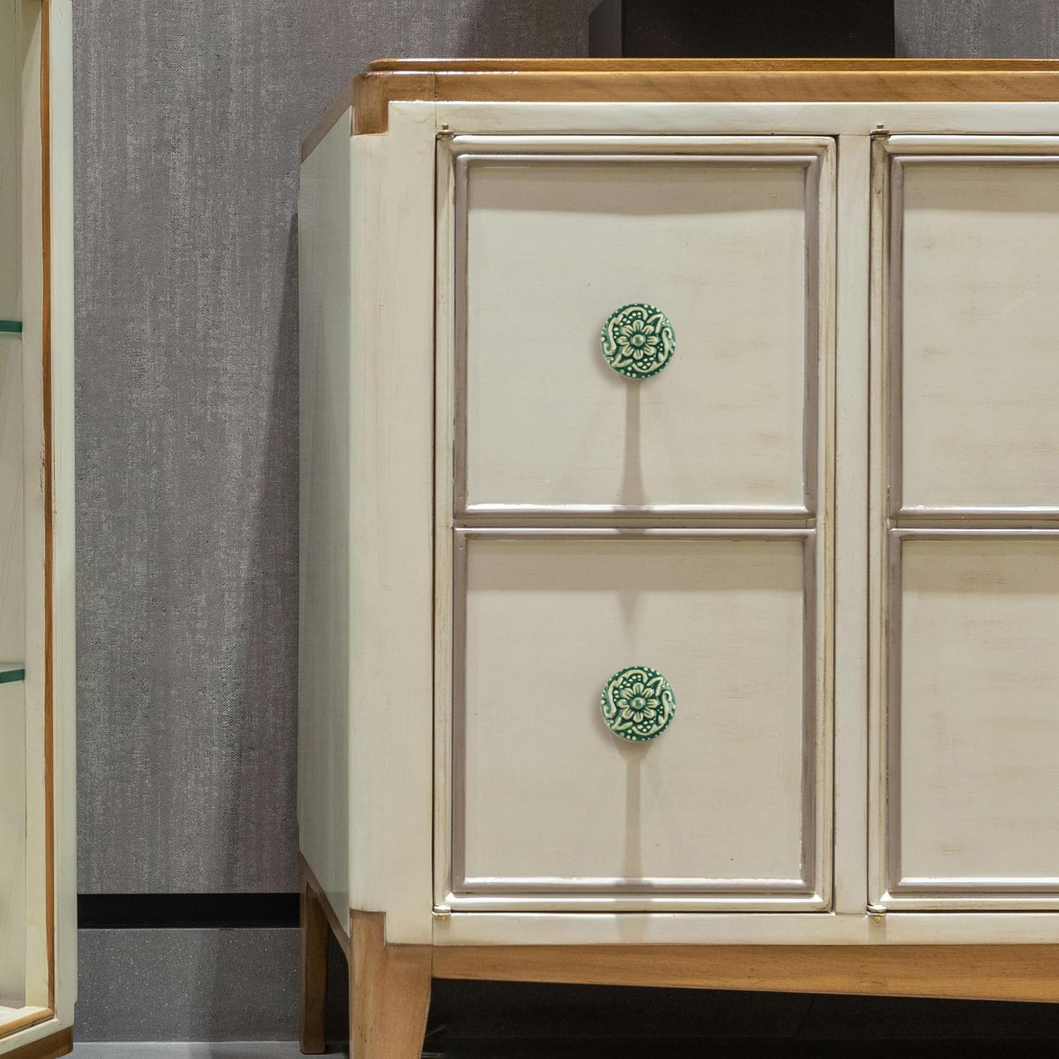 4pcs Vintage Cabinet Knobs,Ceramic Drawer Knobs,Green Flower Embossed Furniture Handle with Mounting Screws for Cupboard Drawer Closet Door