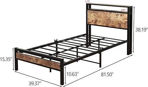 Miniatura 2 de BOFENG Base de cama individual con cabecera de almacenamiento/estación de carga USB, marco de cama de plataforma de metal resistente, tamaño Marrón