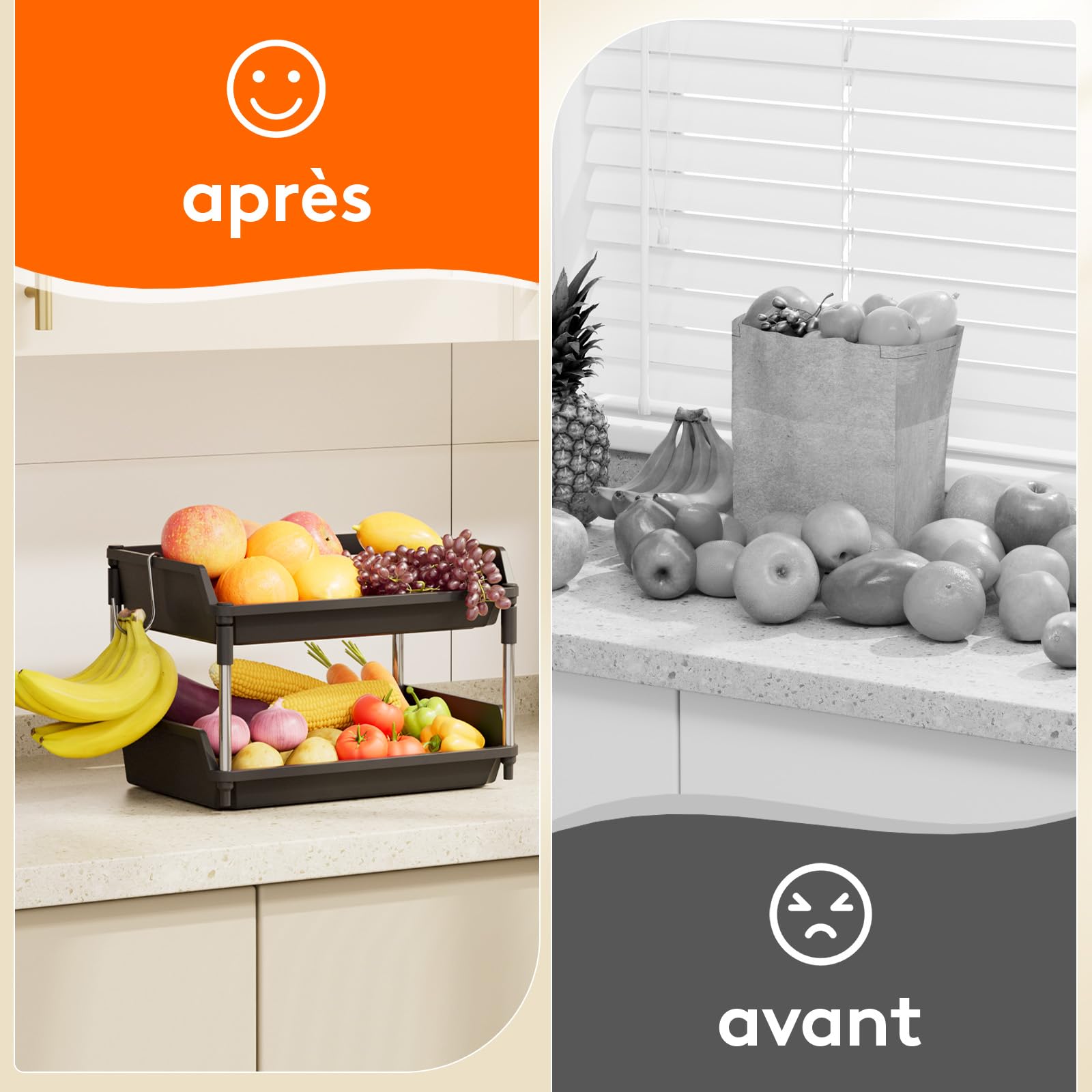 Lifewit Corbeille a Fruit, Panier Fruits avec Deux Crochets Détachables, Panier Legumes Rangement Cuisine avec Support en Métal, Plastique Rangement Pomme de Terre, 28cm(H), Noir, 2 Niveaux