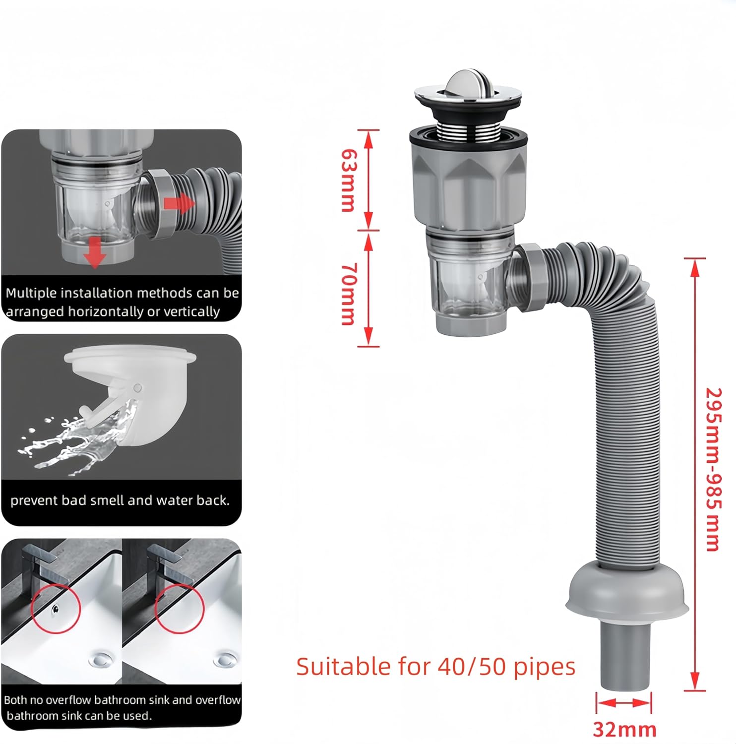 Bathroom Sink Drain Kit with Flexible Expandable P-Trap Sink Drain Pipe Tube Anti-Odor Bathroom Sink Drain Pipe for 1-1/4",1-1/2" and 2'' Drain Hole (Flip style)