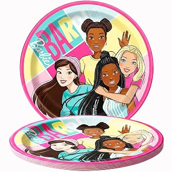 BarbieTM and Friends Paper Dessert Plates, 6.75-Inch, Pack of 8 Colorful Round Disposable Plates for Birthday Parties and Barbie-Themed Celebrations