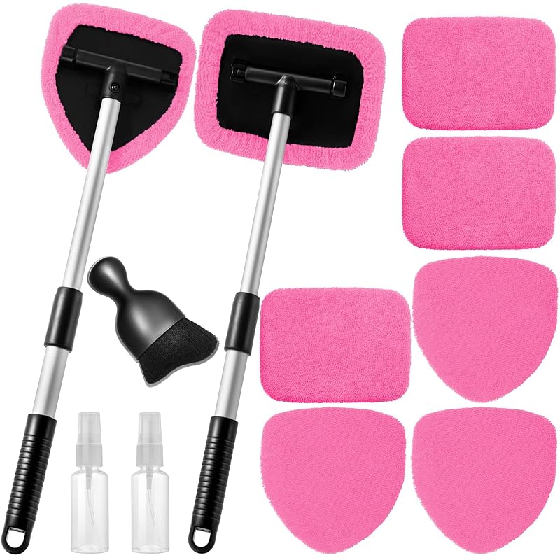 Kit de limpeza de para-brisa e vidros automotivos Qydipclin rosa com cabos extensíveis, 11 peças