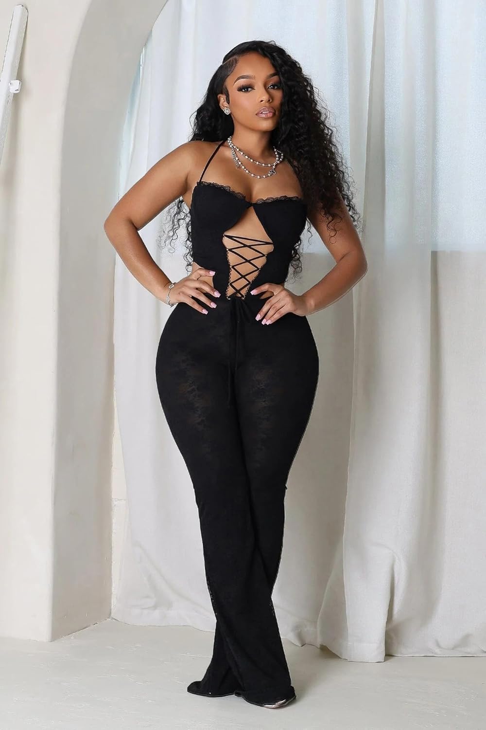 Sexy Jumpsuits for Women Lace Tie Back Halter Hollow out Rompers Trendy Stretchy Club Outfits - Image 3