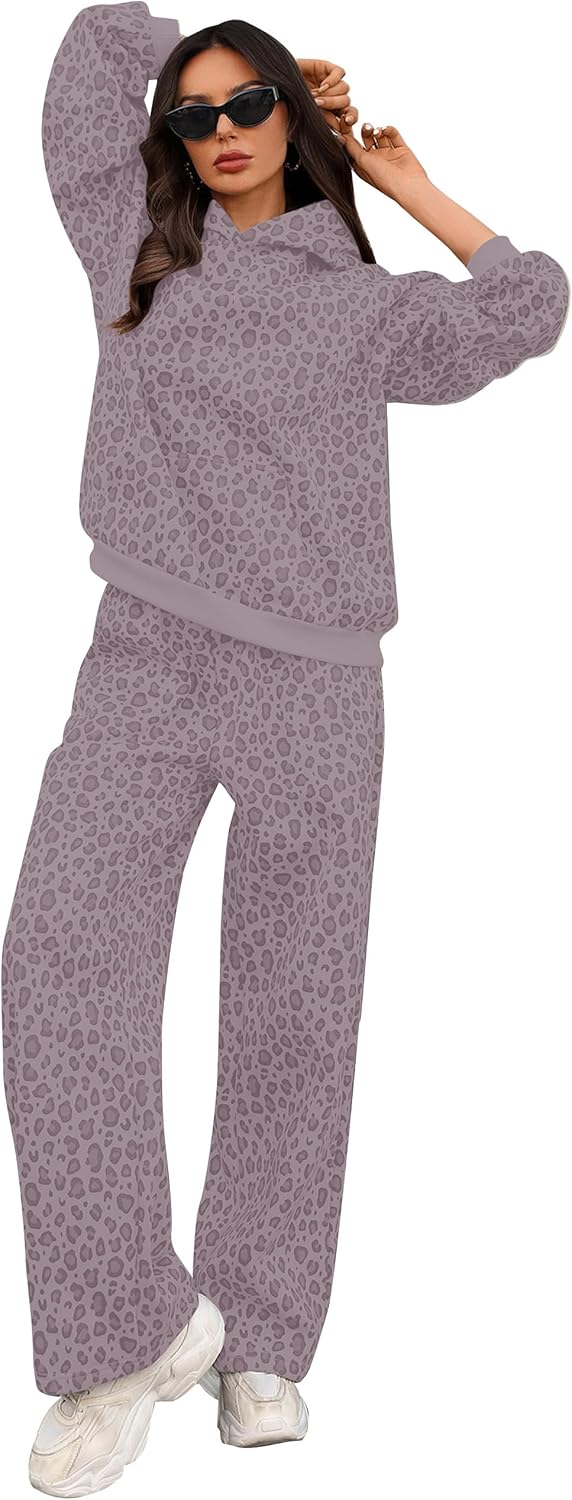 Leopard Oversized Sweatsuits Women 2 Piece Outfit Cheetah Hoodie Sweatpants Set Lounge Tracksuit Fall Matching Sets
