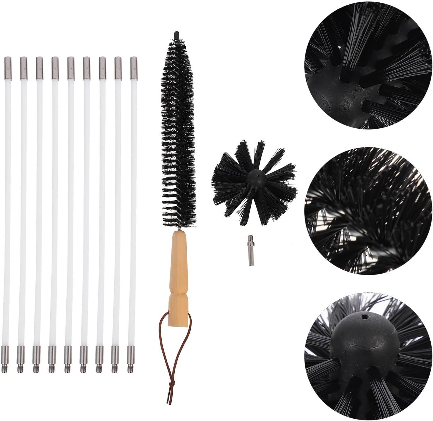 Dryer Vent Cleaning Brush and Chimney Cleaning Set with 9 Flexible Rods and Wood Handle Small Brush, 410mm Long, Lint Sweeping Tool for Home Vent and Chimney Maintenance