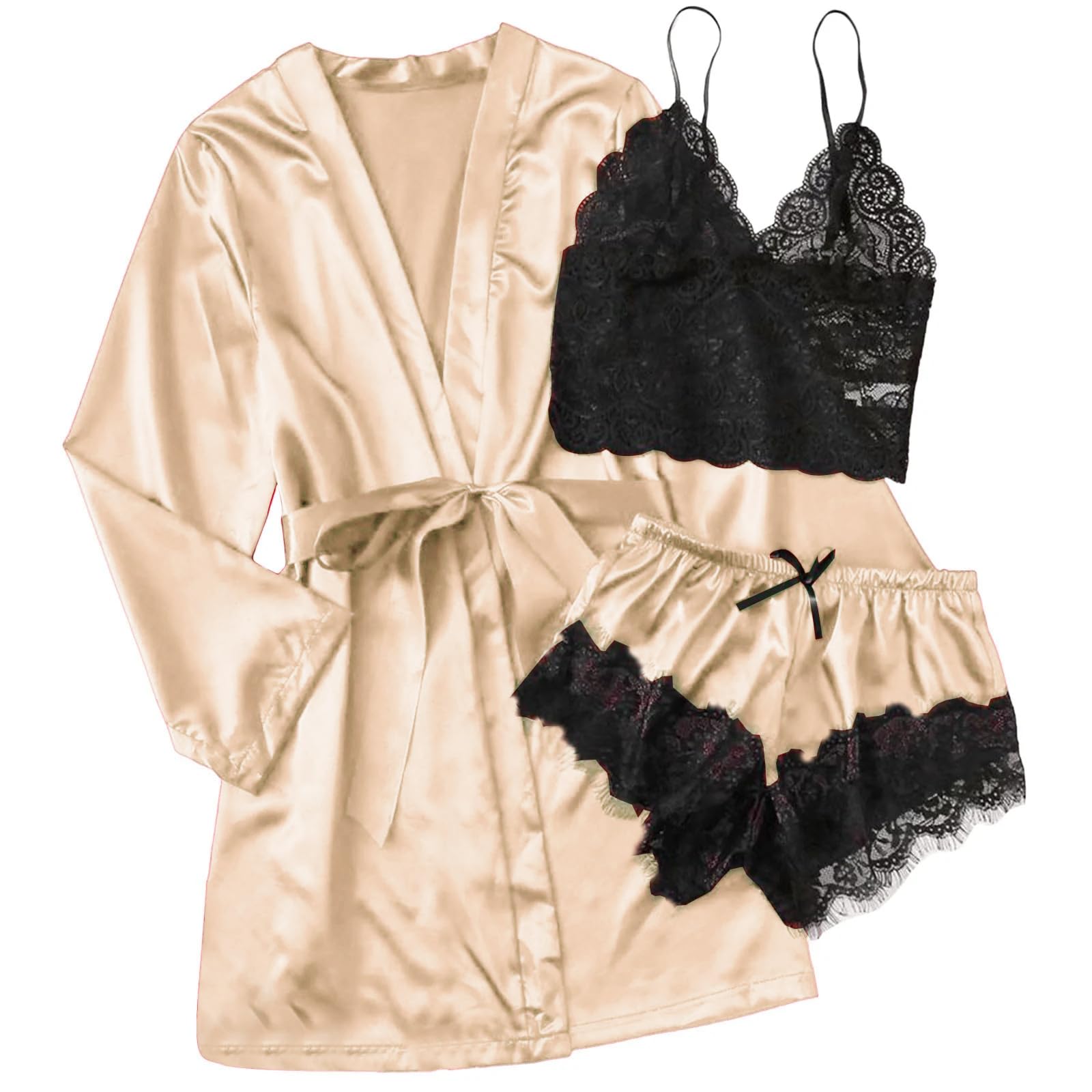 Women's Silk Pajama Set 3pcs Lingerie Floral Lace Sleepwear with Robe Shorts Sets Luxury Soft Nightgown Loungewear