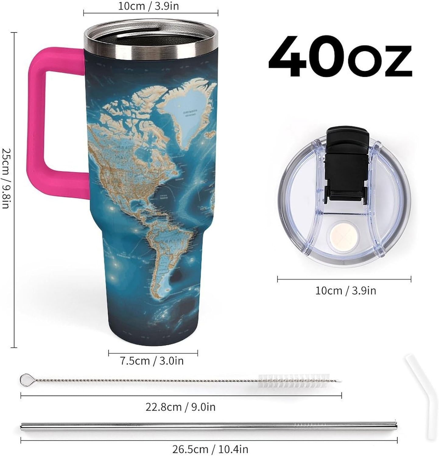 World Map Tumbler 40 Oz with Handle&Lid Large Car Cup Stainless Steel Vacuum Travel Mug Insulated Water Bottle Leak-proof Portable Coffee Cup for Home Car Outdoor