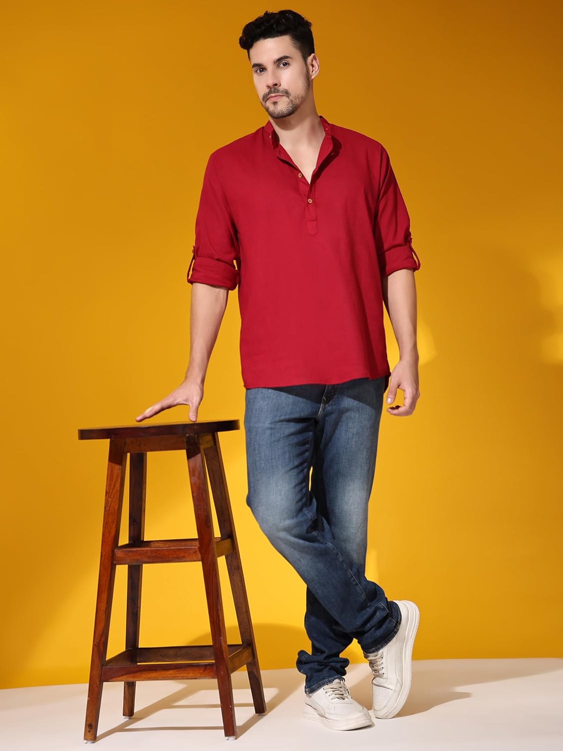 SKAVIJ Men’s Cotton Linen Kurta Shirt – Long Sleeve Henley with Mandarin Collar Roll-Up Sleeves Casual Ethnic Tunic Top - Image 4