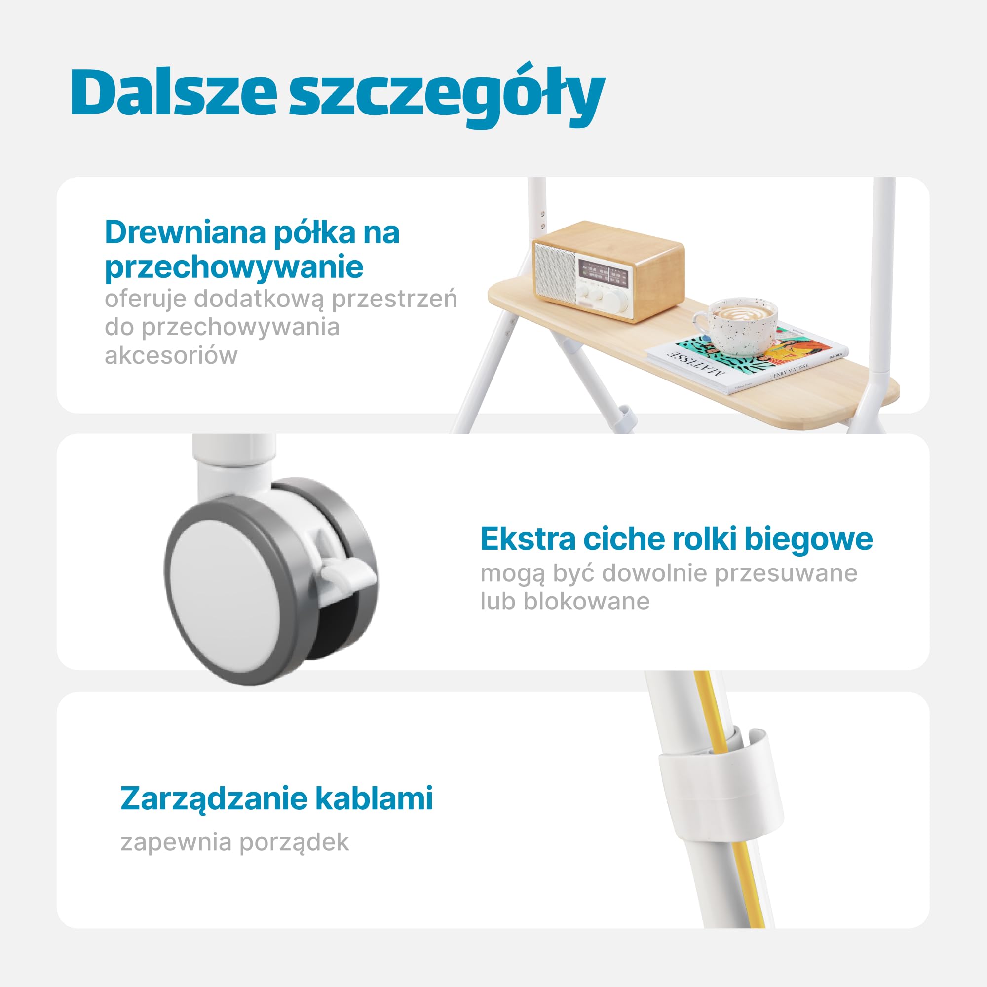 Mobilny stojak TV typu sztaluga do telewizorów 49–80 cali – wózek na kółkach z blokadą, regulowana wysokość, drewniane półki i system zarządzania kablami, VESA 600x400, kolor biały