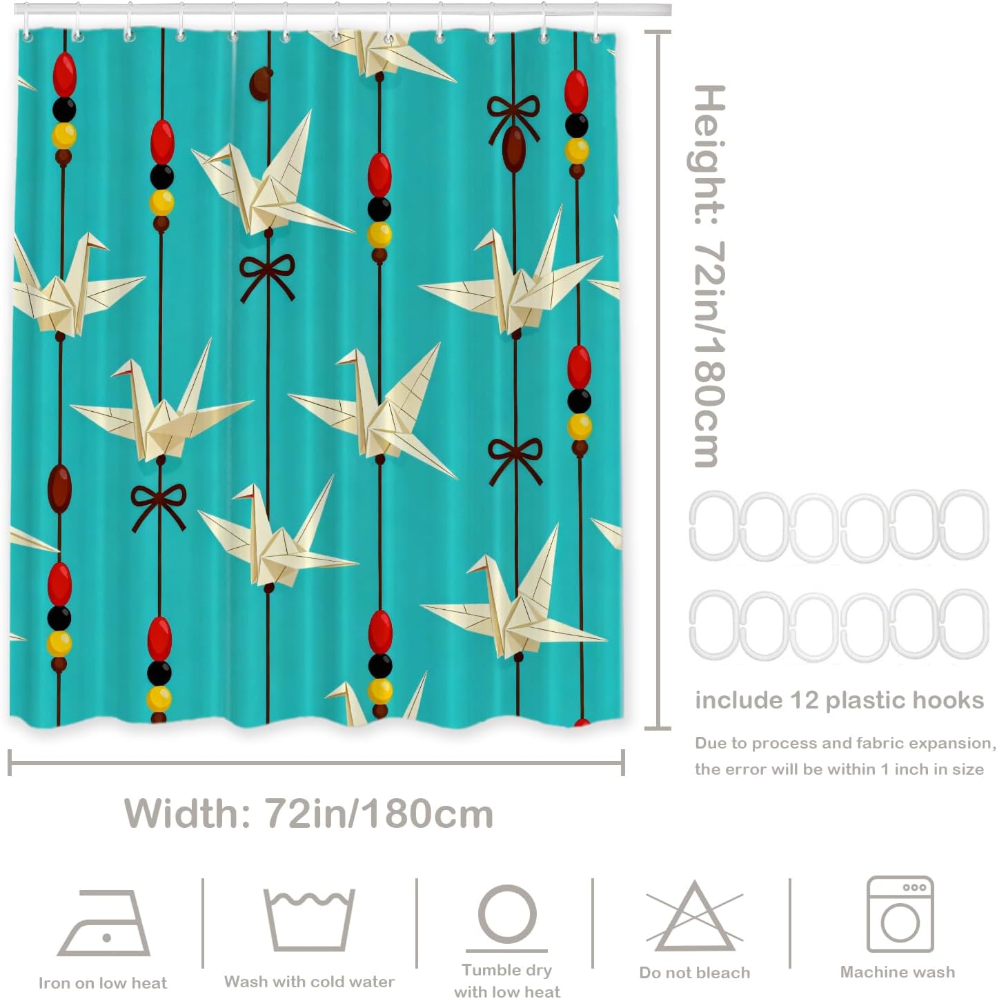 Batmerry Bird Japanese Animal Art Decorative Shower Curtain, Pattern with Origami Bird Figure Cute Long Wide with Rust Proof Grommets for Bathroom Waterproof Washable, 72x72 inches
