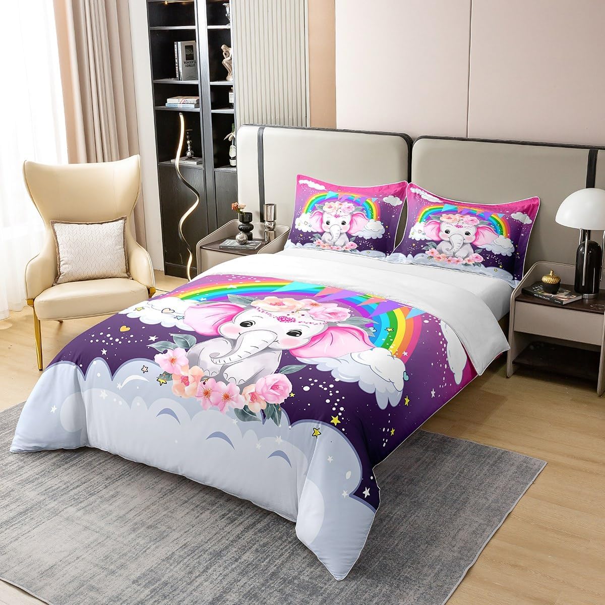 Erosebridal Kawaii Elephant 100% Cotton Duvet Cover,Kids Bedding Set King Size,Rainbow Striped Comforter Cover for Girls Boys,Watercolor Pastel Glitter Stars Bed Sets with 2 Pillowcases