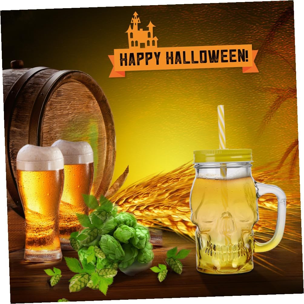 2pcs 500ml Halloween Gradient Skull Glasses with Handle, Party Beer and Cocktail Drinkware Set, Glass Beverage Cups with Lid and Straw for Adult Halloween Decor Random Color