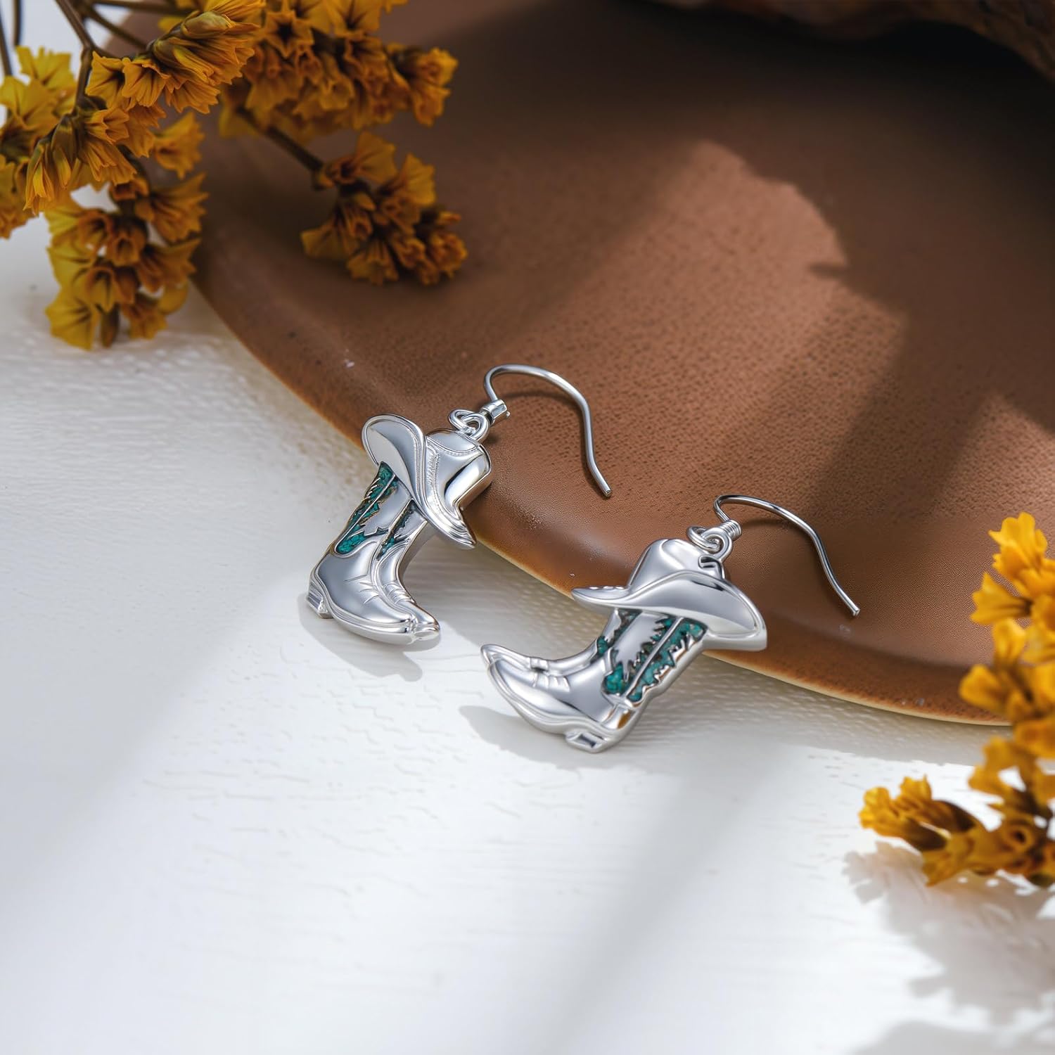Genuine Turquoise Boot Earrings 925 Sterling Silver Turquoise Cowgirl Boots Dangle Drop Earrings Western Bohemian Jewelry Gifts for Women Mom Wife - Image 4