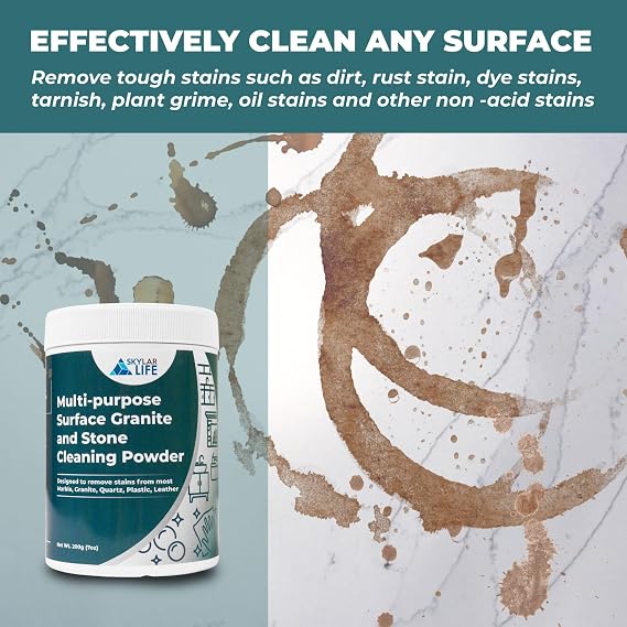 Skylarlife Multi-purpose Surface Stone Cleaning Powder (200g) to remove rust stain, yellowing, oil stains, from most marble, granite, quartz, concrete, countertop and stains from boat