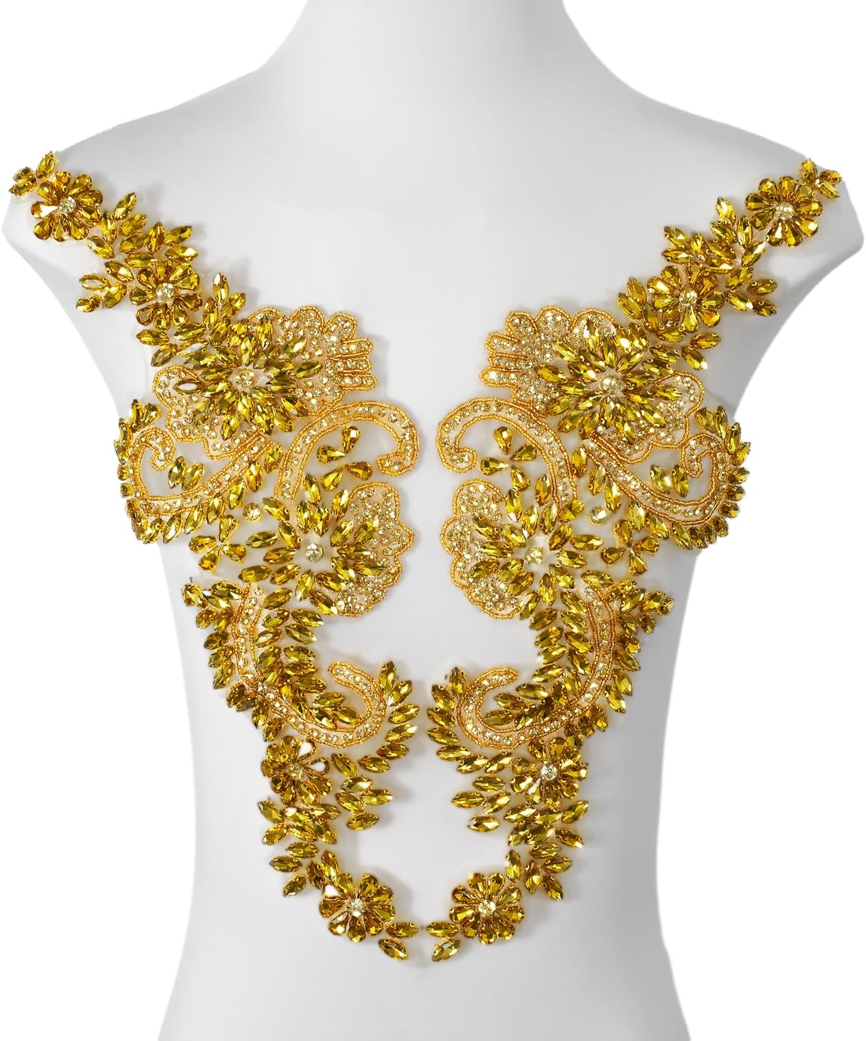 Pair Handmade Rhinestones Beaded Applique, Lace Embellishments Sewing Trim Crystal Patches Accessory for Wedding Dress Clothes,Evening Dresses,Bridal Gowns,Dance Costumes (White)