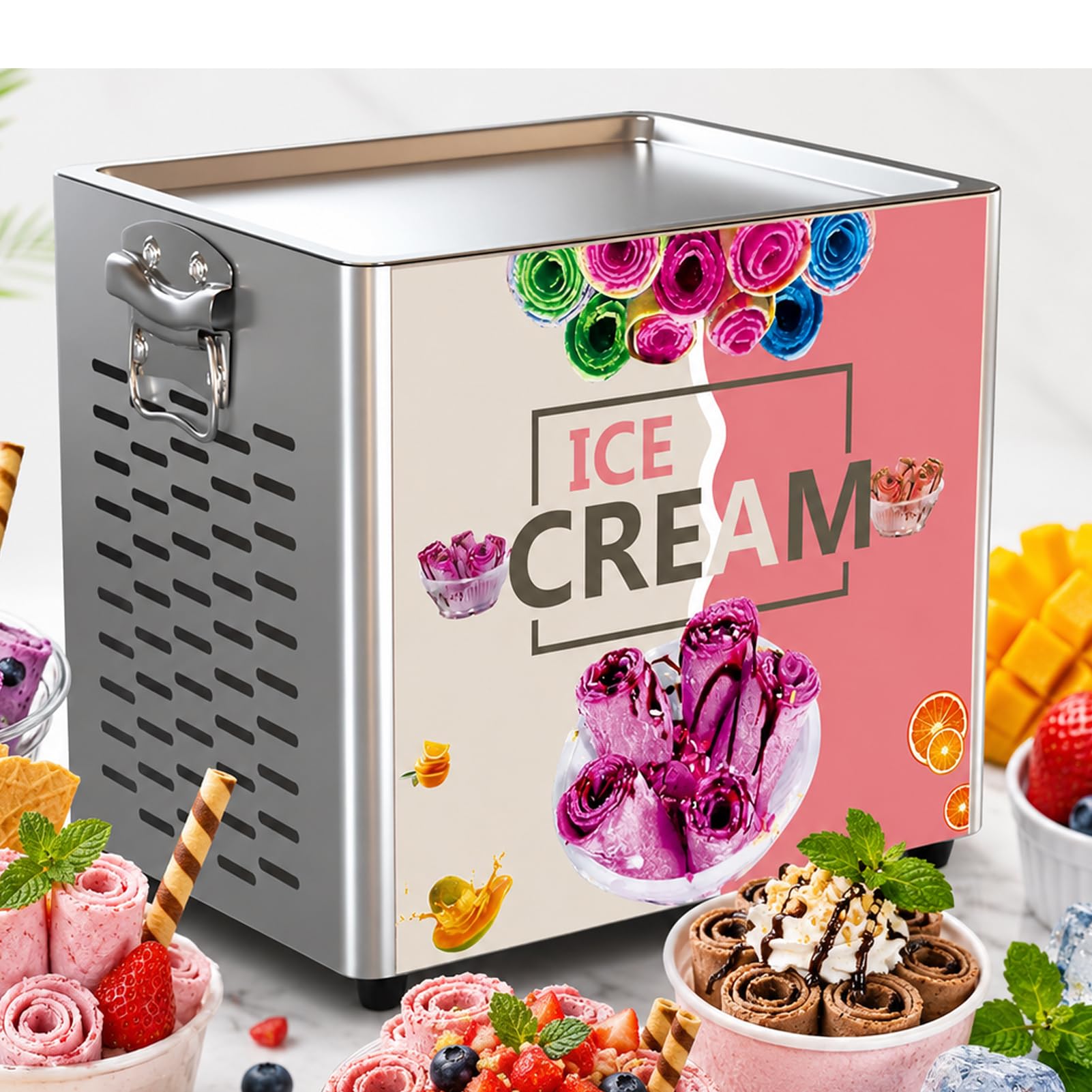 LYJIANGXIN 330W Stainless Steel Ice Cream Roll Machine Commercial, Single Square Pan Ice Pan Compressor Frozen Yogurt Maker Rolled Ice Cream Machine, for Restaurant Café Street Vendor
