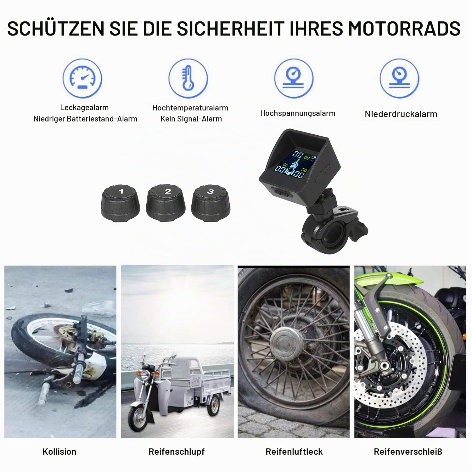 Reifendrucküberwachungssystem TPMS Wireless Smart Tire Monitor mit 3 externen Sensoren Sunshade Auto Tire Alarm für Dreirad-Dreirad