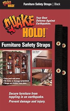 Quakehold! Furniture Strap Kit, Earthquake Fasteners for Disaster Preparedness, Child Proof Safety Straps for RV, Home Office, Helps Prevent Damage and Injury, Easy to Install, Black