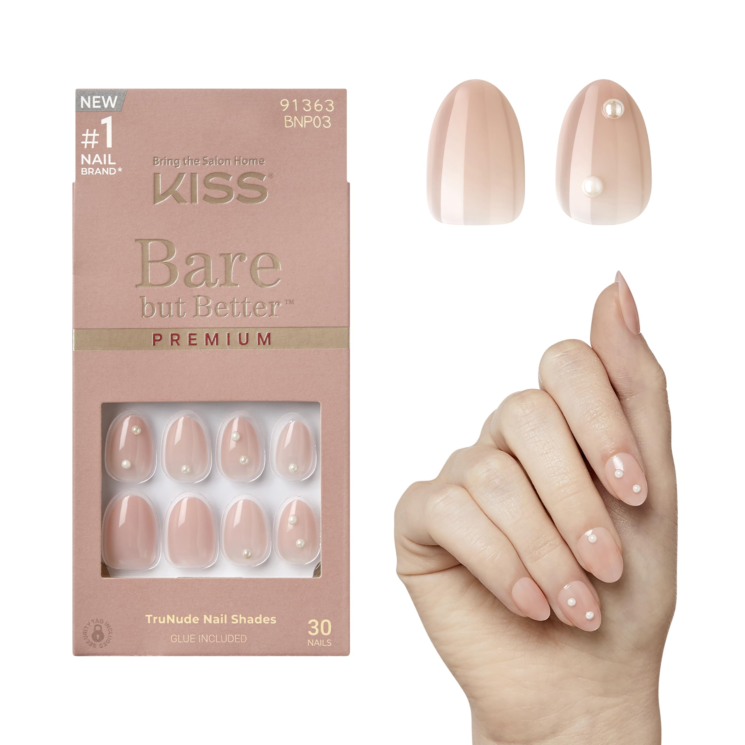KISS Bare But Better, Press-On Nails, Nail glue included, 'Slay', Light Nude skin, Short Size, Almond Shape, Includes 30 Nails, 2G Glue, 1 Manicure Stick, 1 Mini File