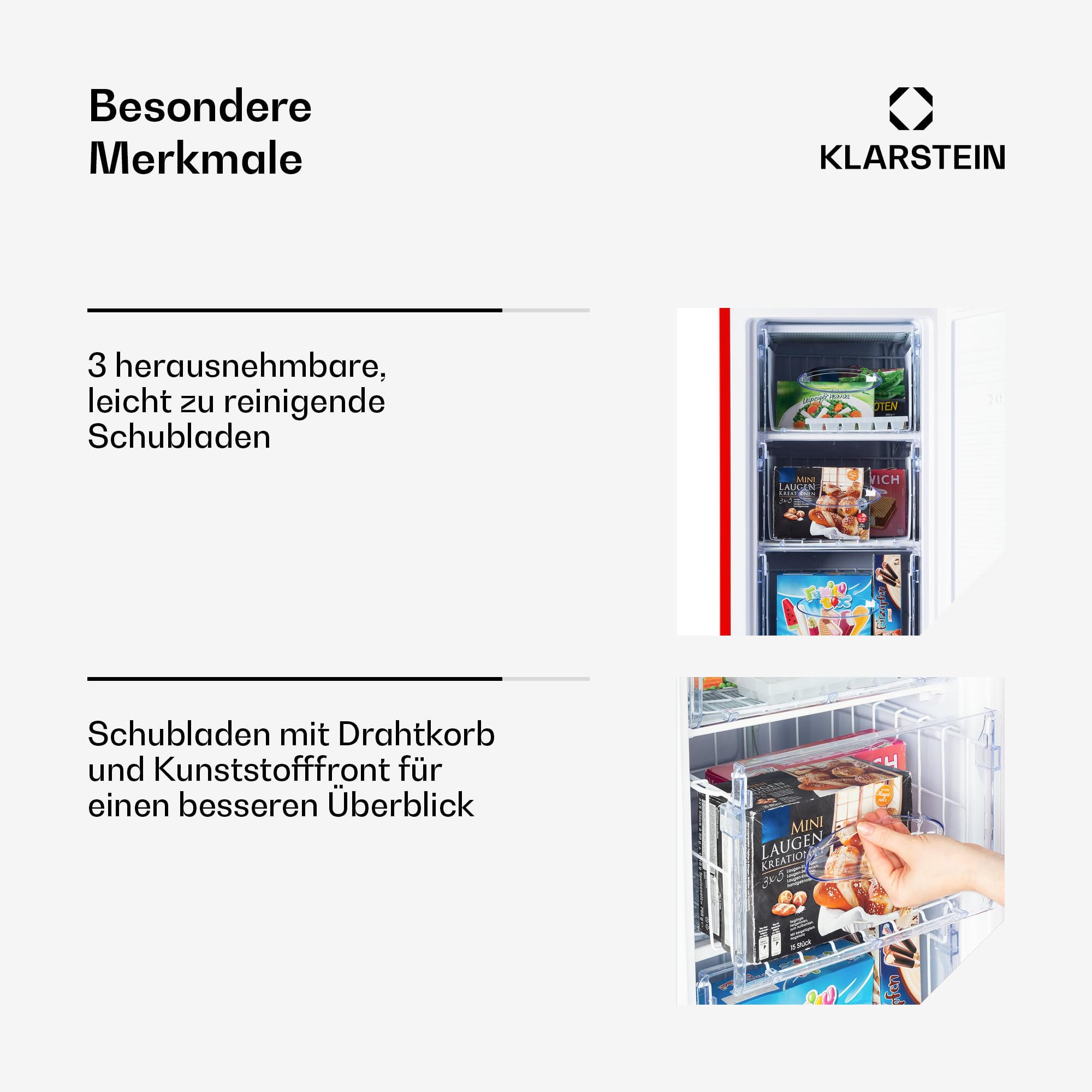 Klarstein Laika Gefrierschrank - 60 Liter Gesamtvolumen, Thermostat mit 5 Stufen, 0 bis -18 °C, 3 Einschübe, freistehend, Retro-Design, rot