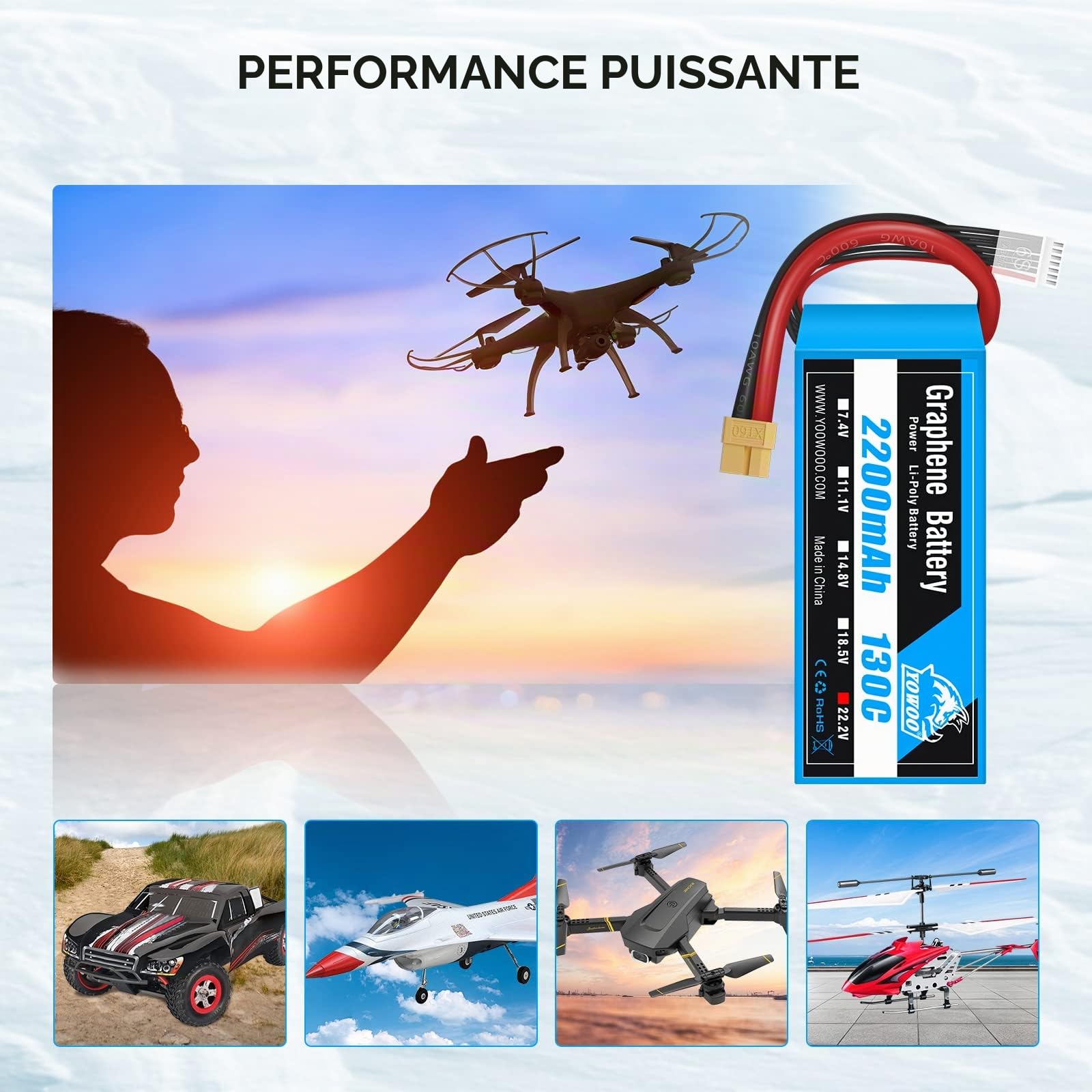 Yowoo 2S 7.4V 2200mAh 130C Deans T Plug Graphène LiPo Lot 2 RC FPV Racing