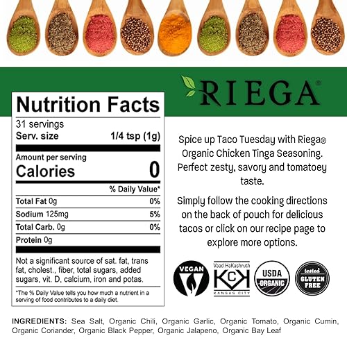 Miniatura 2 de Riega Condimento orgánico de pollo Tinga Street Taco, mezcla perfecta para auténticos tacos de pollo rallado en olla de cocción lenta, 1.1 onzas