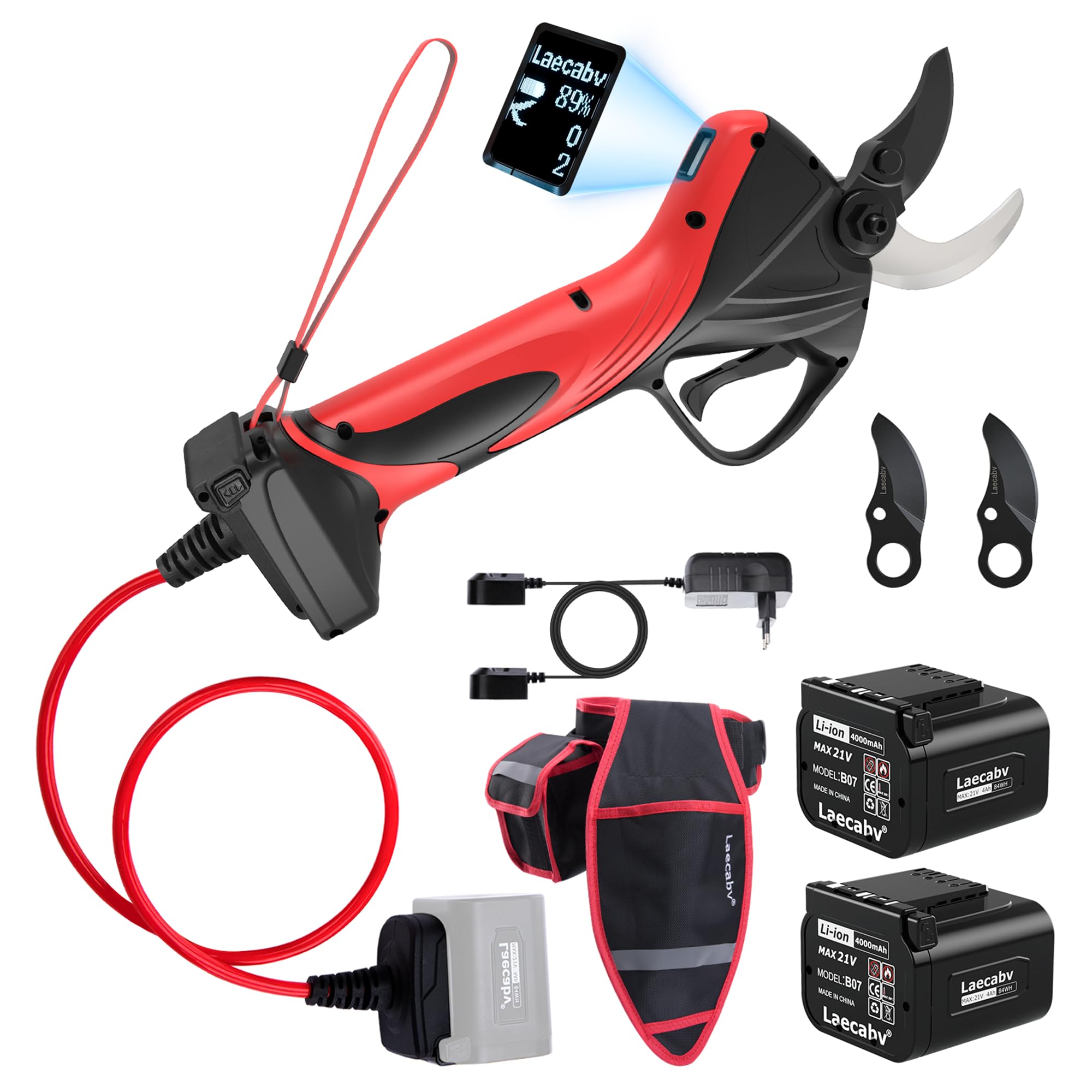 Laecabv LA40Pro Professionelle elektrische Gartenschere, 40 mm, progressiver Schnitt, 2 x 4,0 Ah Batterien (12 Std), 2 Jahre Garantie für den Körper, Bund und LCD-Display für Olivenbäume und Reben
