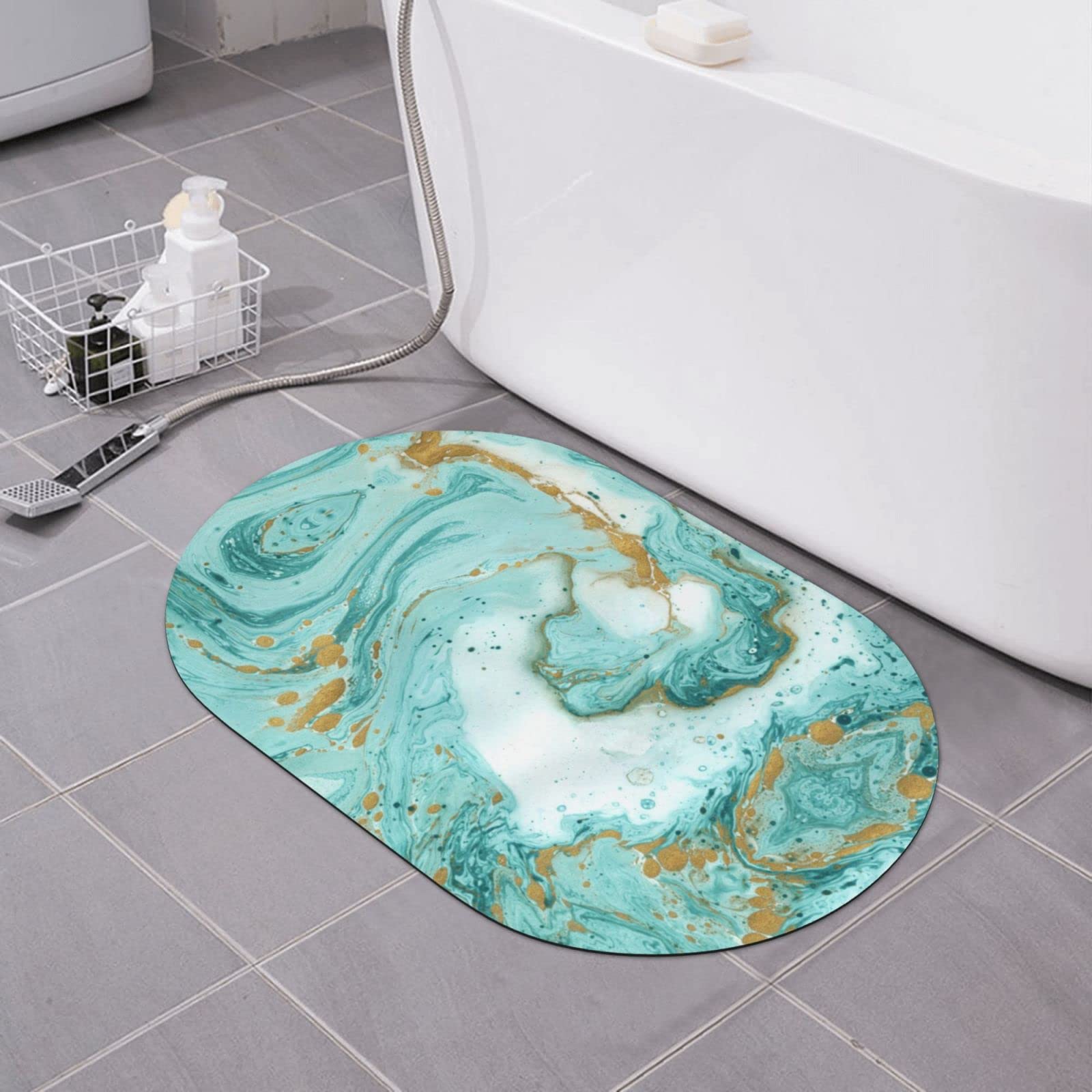Tapis de bain antidérapant marbre bleu sarcelle et doré 40x60 cm