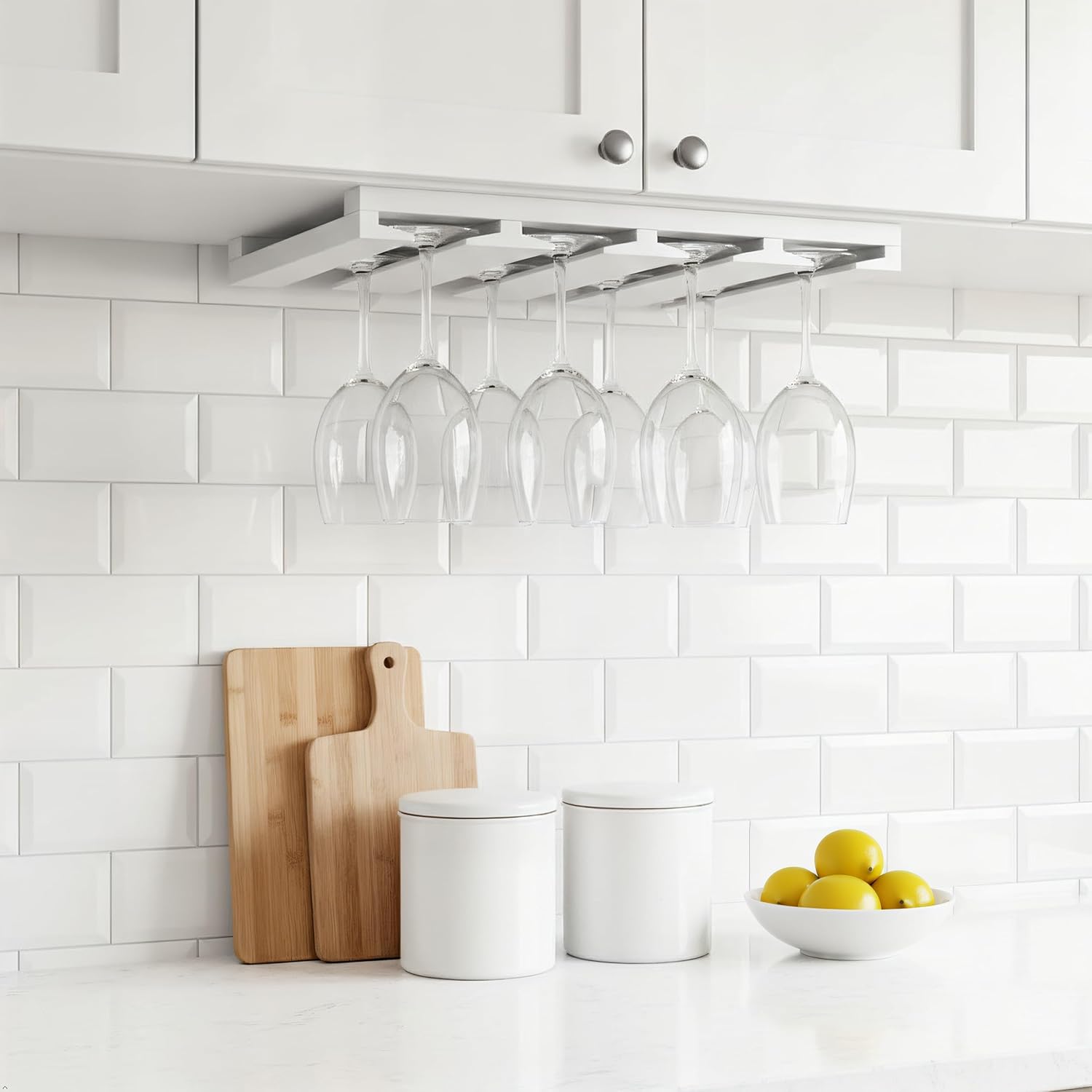 Rustic State Eze 4 Sectional Under Cabinet Mount Wood Stemware Rack Hanging Shelf Glassware Holder Bar Organizer with up to 12 Wine Glass Storage 10 Inch Deep White