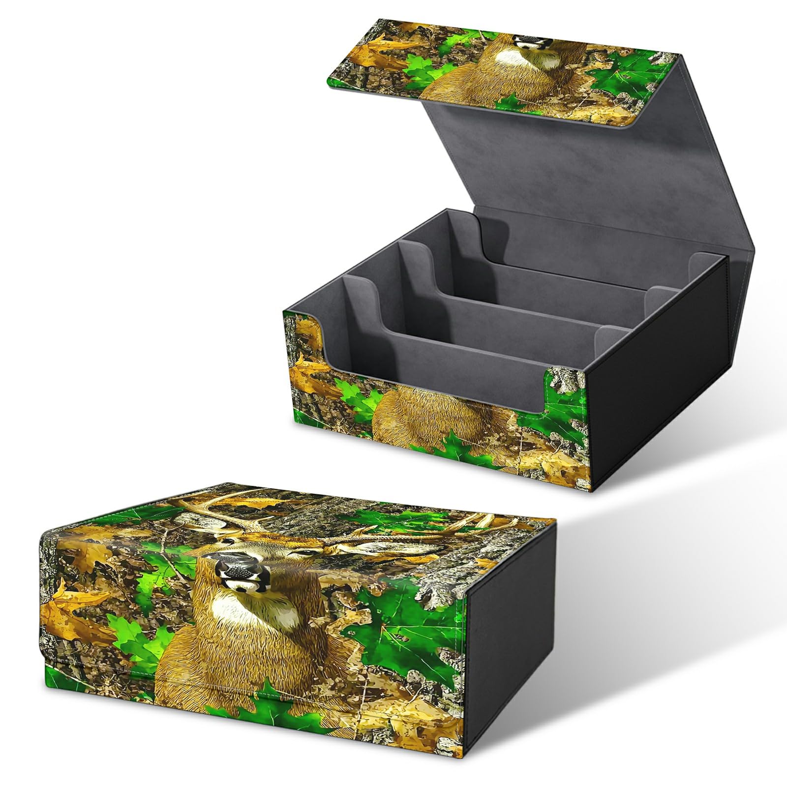 RWUTYTIUL Card Deck Box for MTG, Cards Storage Box Fits 120+ Sleeved, Leather Big Size Strong Magnetic Closing Case for Board Games Magic TCG CCG Baseball Collection Women Man, Forest Deer